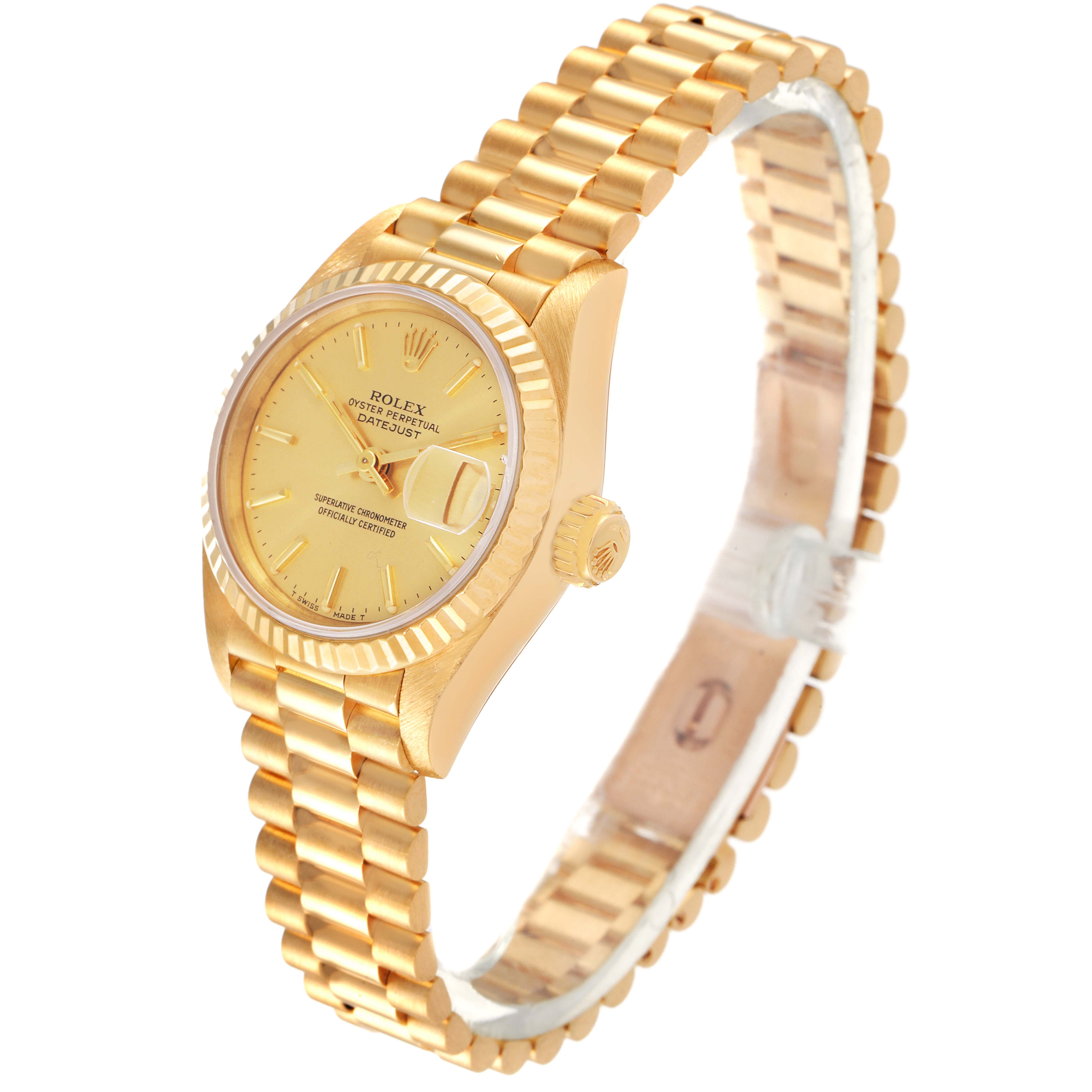 The image shows a Rolex President 69178 Women's Yellow Gold Champagne Dial 69178 Women's Yellow Gold Champagne Dial watch at a three-quarter angle, highlighting its gold case, fluted bezel, gold dial, and President bracelet.