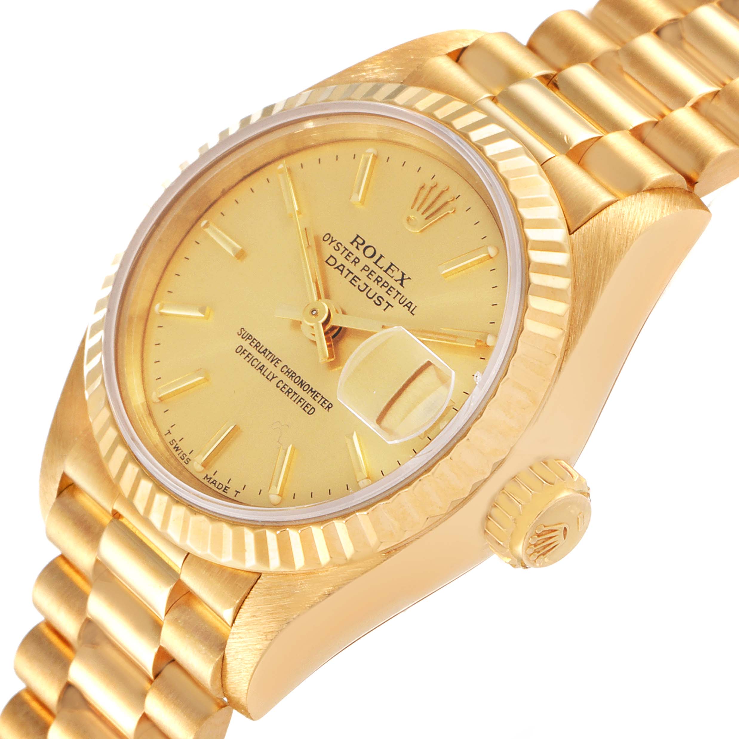 The image shows a side angle view of a Rolex President 69178 Women's Yellow Gold Champagne Dial 69178 Women's Yellow Gold Champagne Dial model watch, featuring its gold dial, bezel, crown, and bracelet.