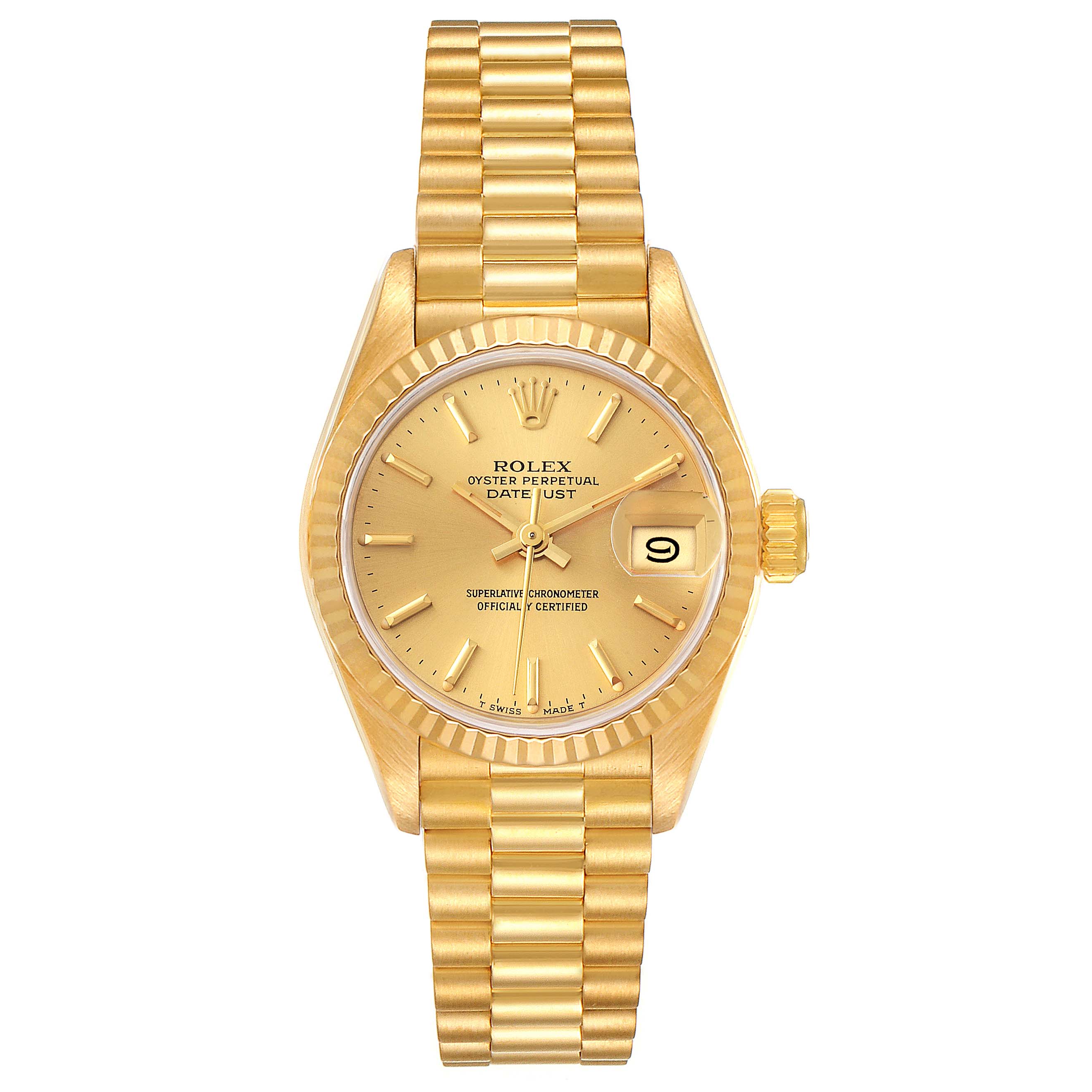 This Rolex President 69178 Women's Yellow Gold Champagne Dial 69178 Women's Yellow Gold Champagne Dial model watch is shown from a top-down angle, displaying its dial, case, bezel, crown, and bracelet.
