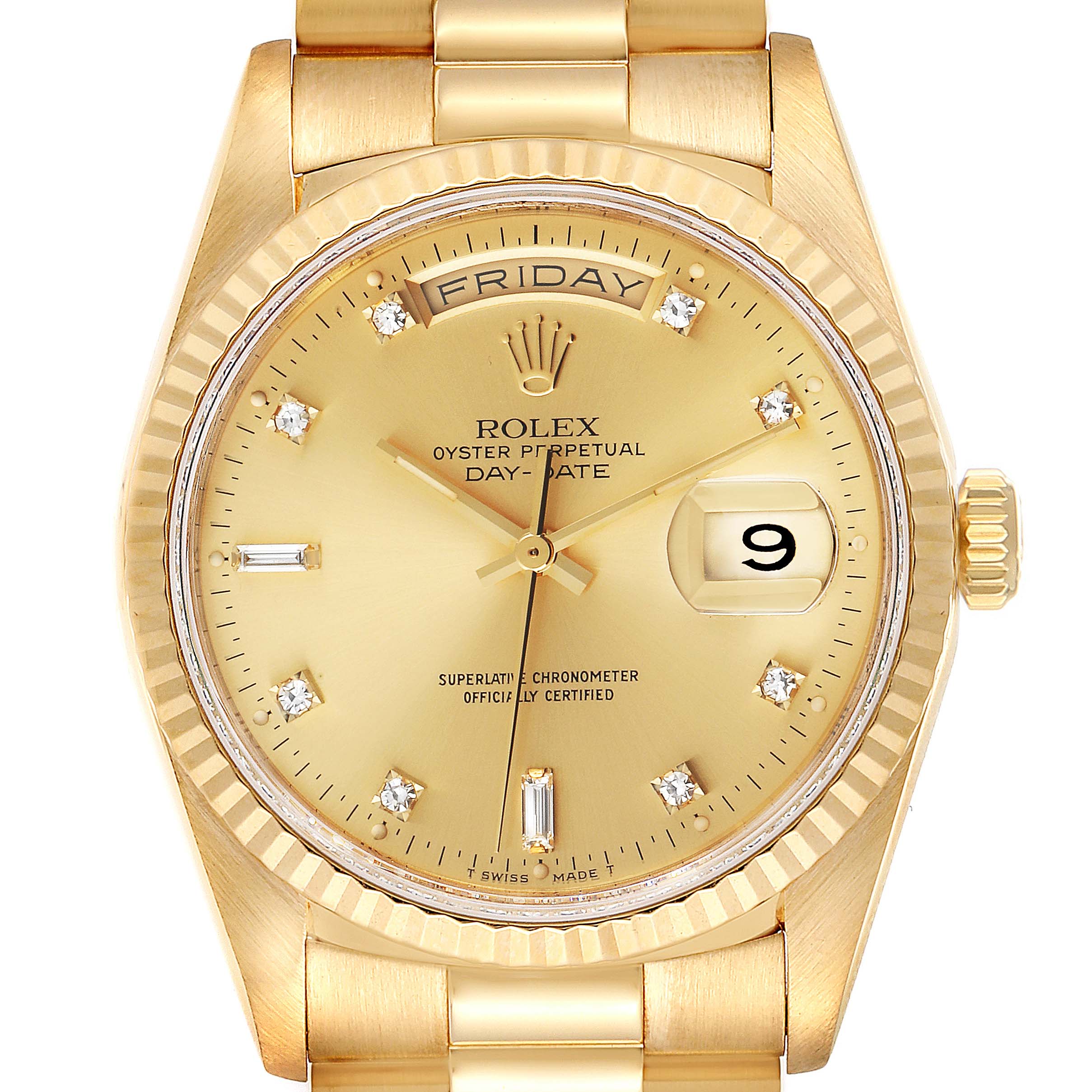 The image shows a front view of the Rolex President 18238 Men's Yellow Gold Champagne Dial 18238 Men's Yellow Gold Champagne Dial model watch, highlighting the dial, bezel, day, and date features.