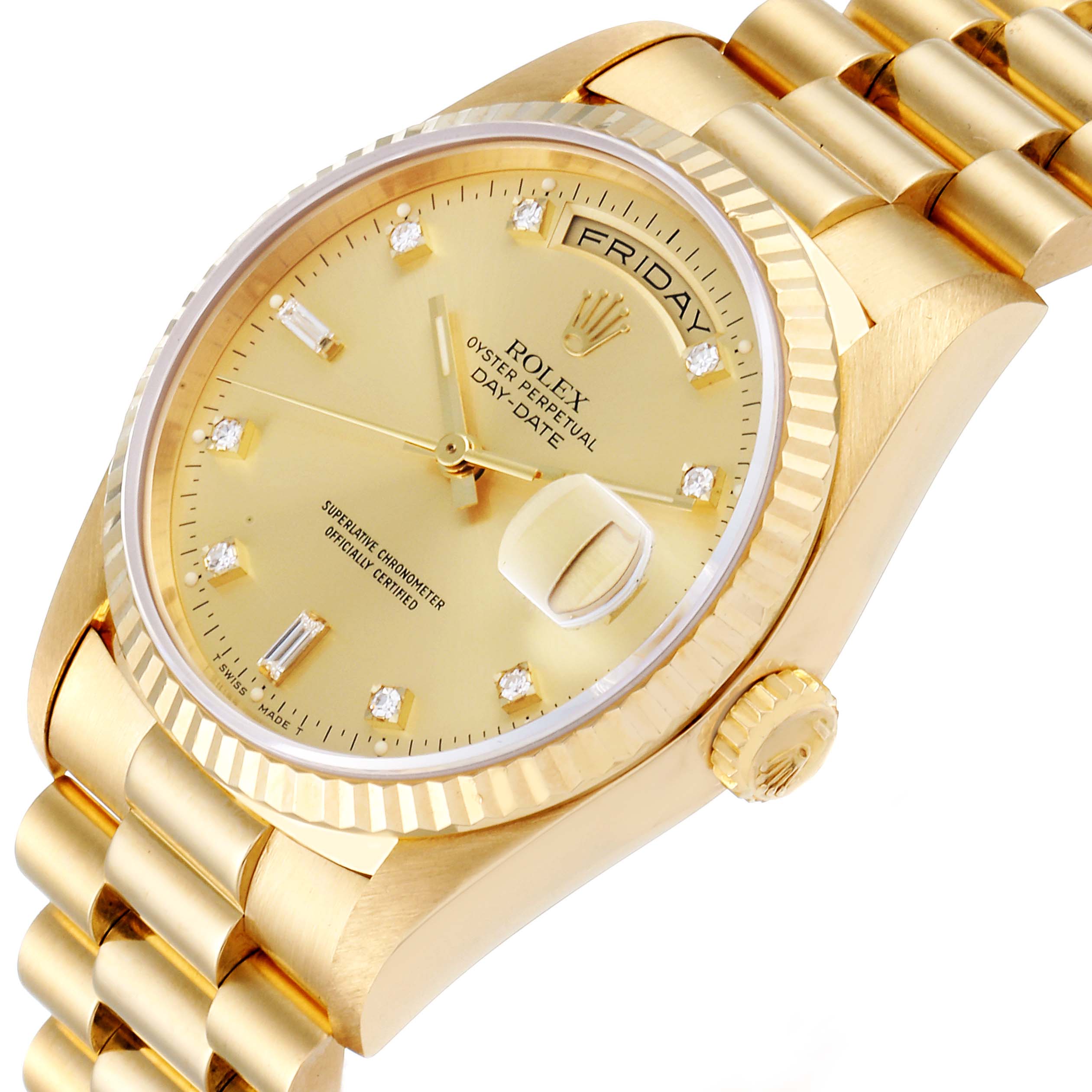 The image shows a President model Rolex watch at a slight angle emphasizing the face, crown, and partial bracelet.