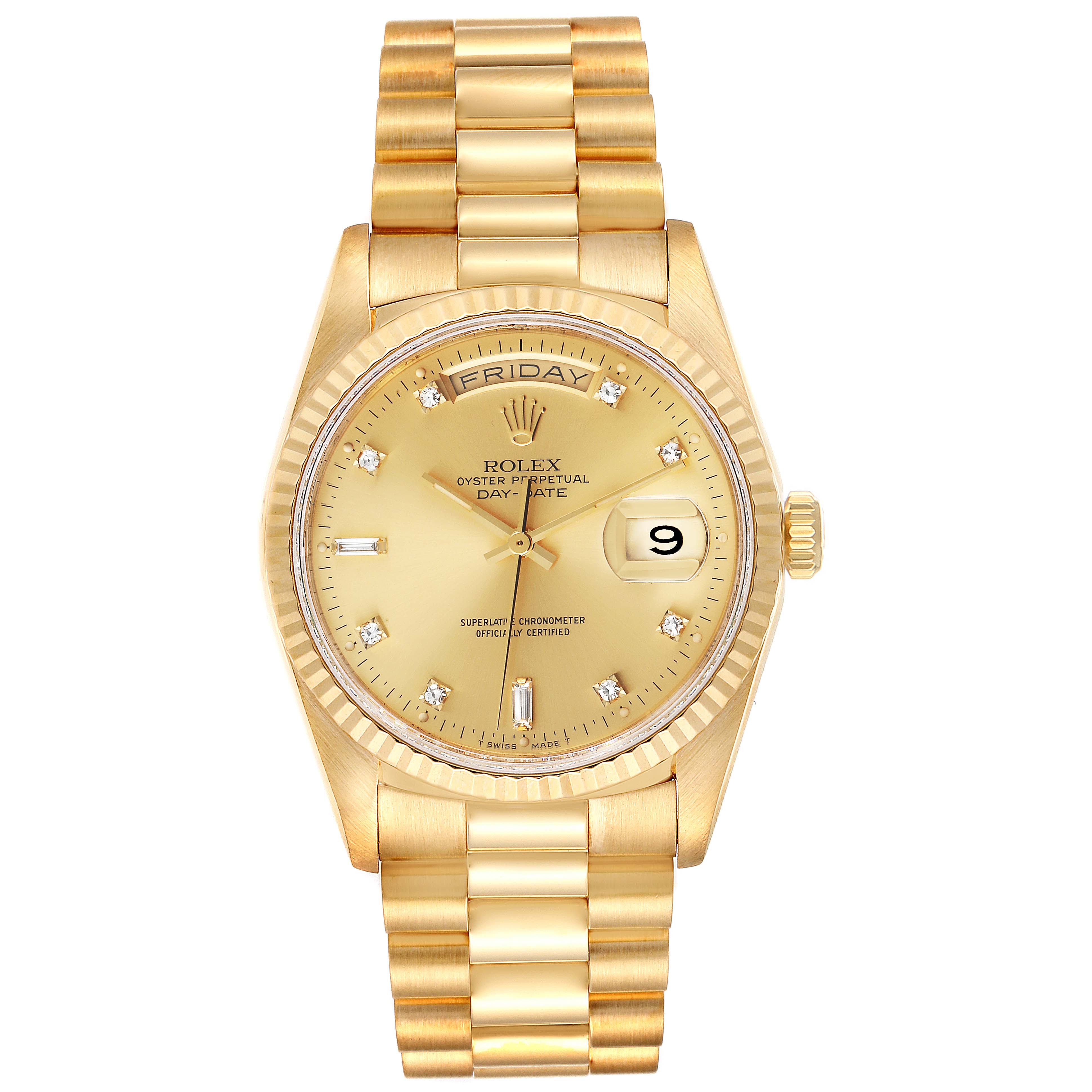 The image shows a front view of the Rolex President 18238 Men's Yellow Gold Champagne Dial 18238 Men's Yellow Gold Champagne Dial model watch, displaying its gold bracelet and dial with day and date features.