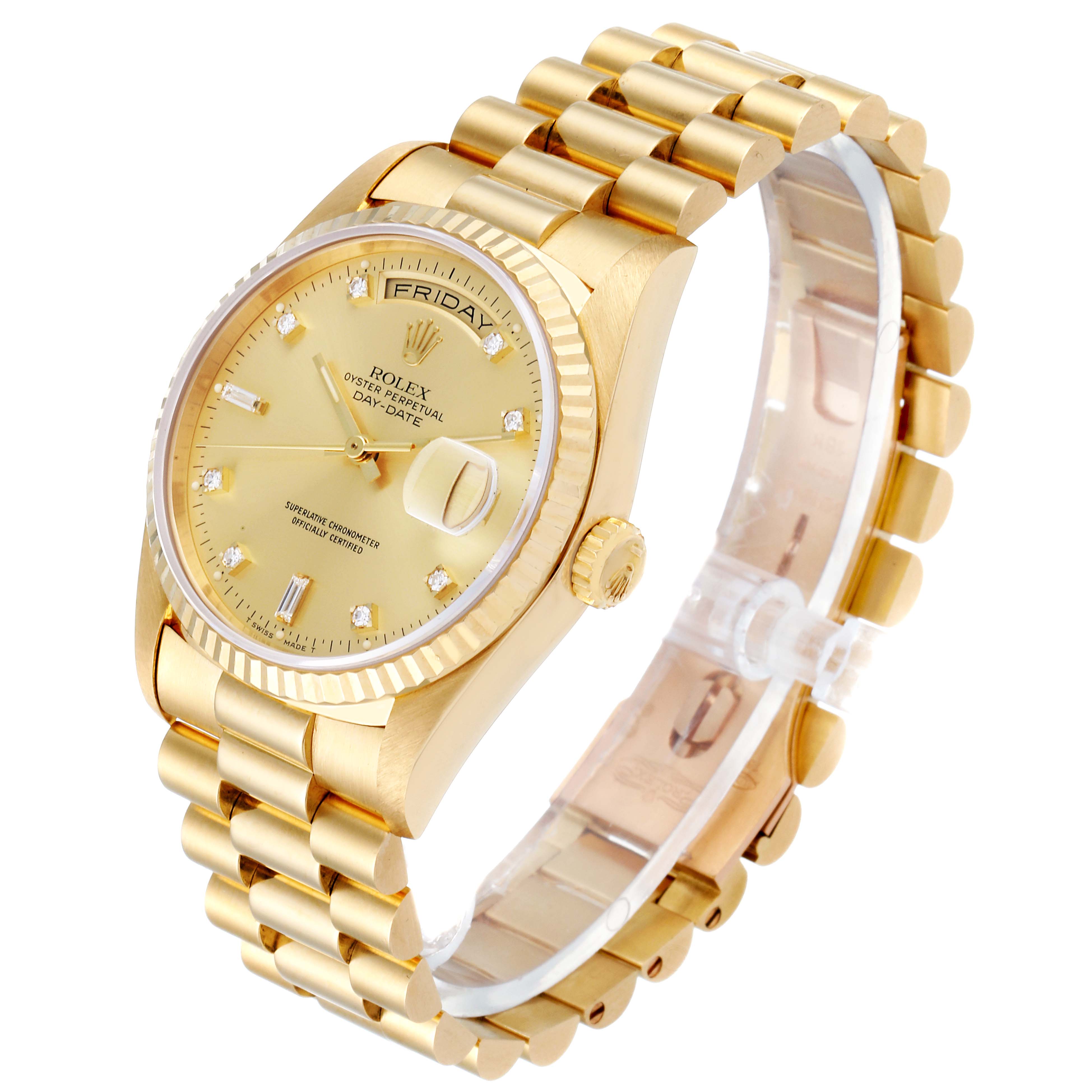 The image shows a side and angled top view of a Rolex President 18238 Men's Yellow Gold Champagne Dial 18238 Men's Yellow Gold Champagne Dial model watch, highlighting its gold case, band, and dial.