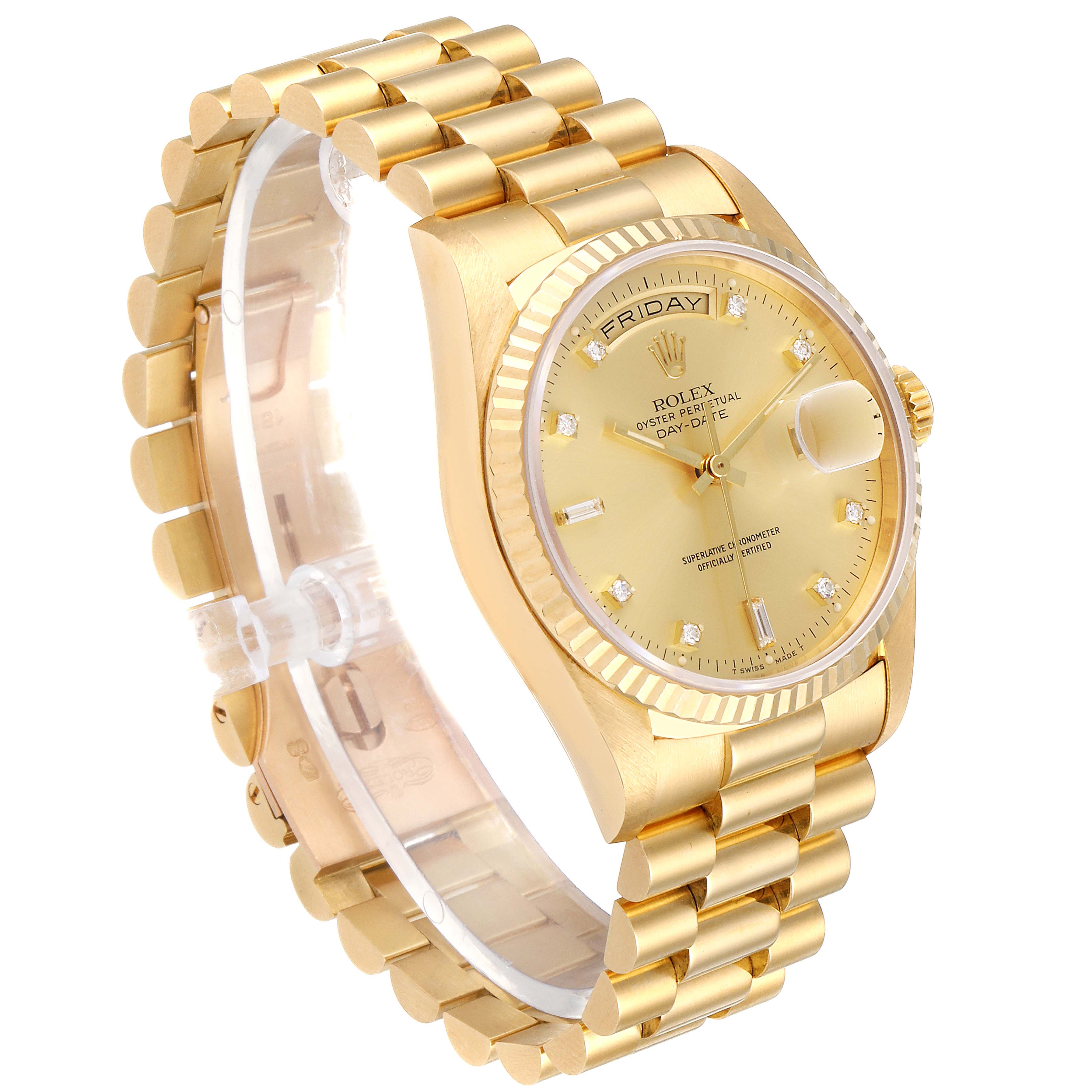 The image shows a Rolex President 18238 Men's Yellow Gold Champagne Dial 18238 Men's Yellow Gold Champagne Dial model watch from a three-quarter view, highlighting the gold bracelet, bezel, and dial.