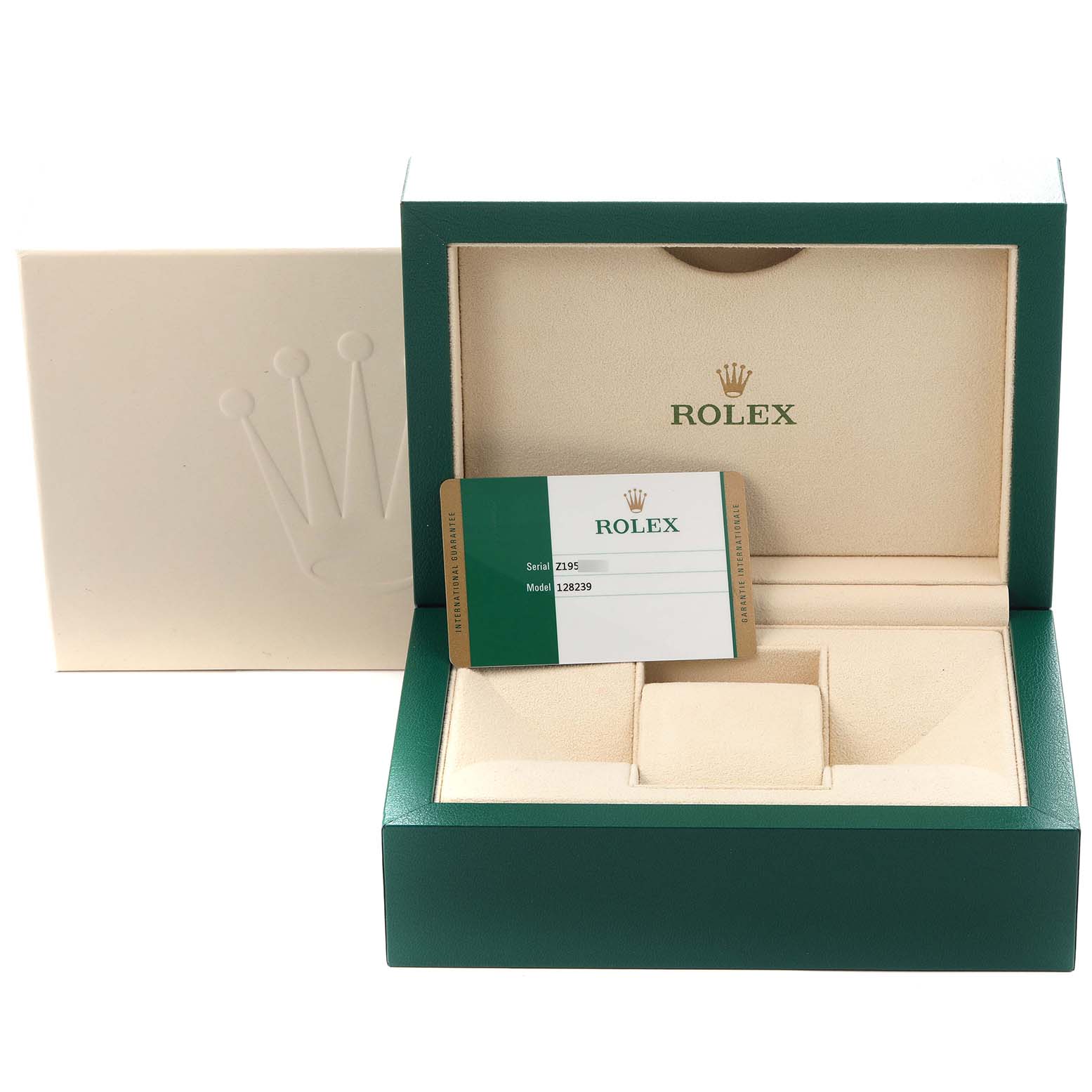 The image shows the packaging and warranty card for a Rolex President 128239 Men's White Gold Blue Dial 128239 Men's White Gold Blue Dial model, highlighting the box and interior.
