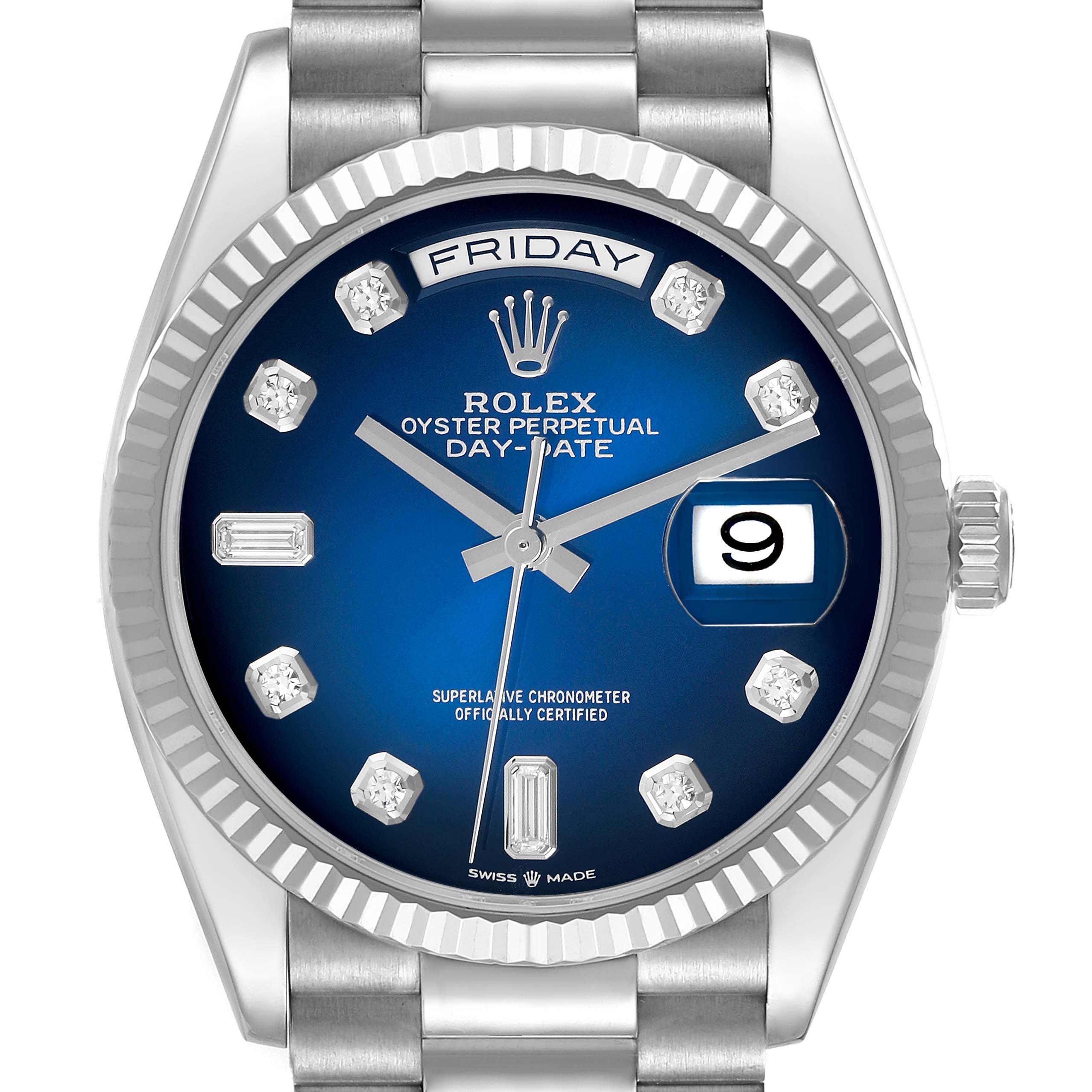 The Rolex President 128239 Men's White Gold Blue Dial 128239 Men's White Gold Blue Dial watch is shown from a front angle, displaying the blue dial, day-date features, and silver bracelet.