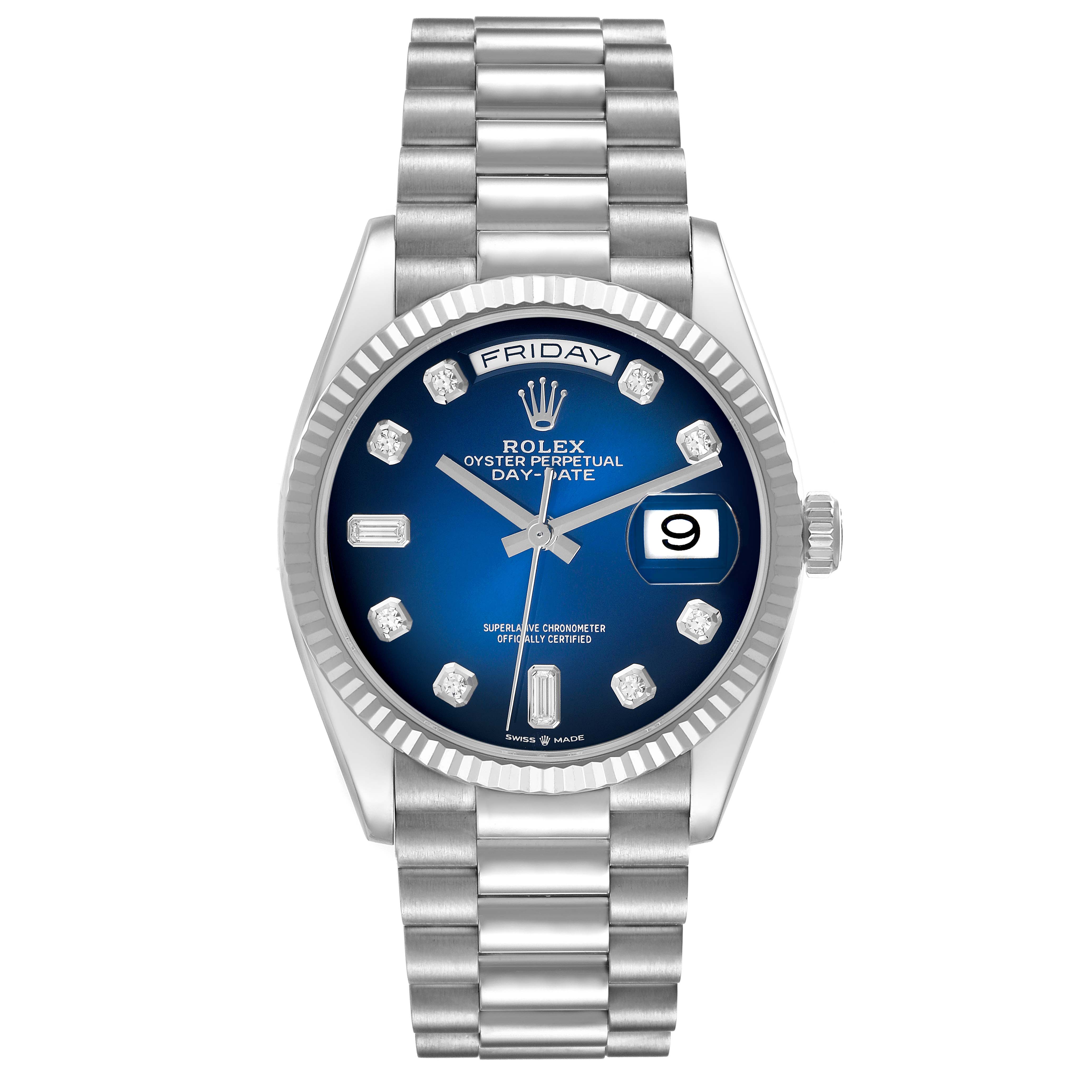 The Rolex President 128239 Men's White Gold Blue Dial 128239 Men's White Gold Blue Dial model is shown from the front, displaying its dial, bracelet, crown, and fluted bezel.