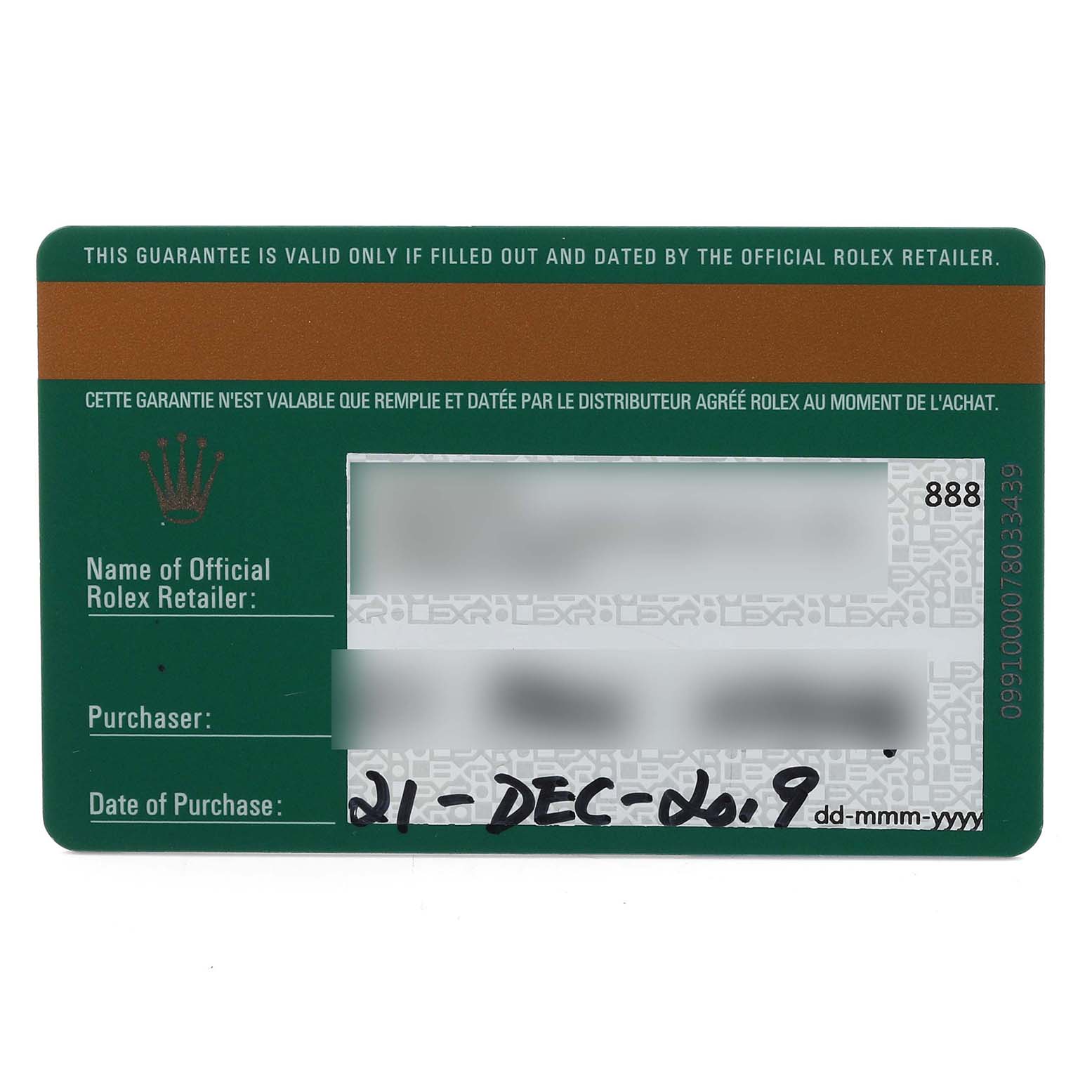 The image shows a guarantee card for a Rolex President 128239 Men's White Gold Blue Dial 128239 Men's White Gold Blue Dial model watch, displaying purchase details.