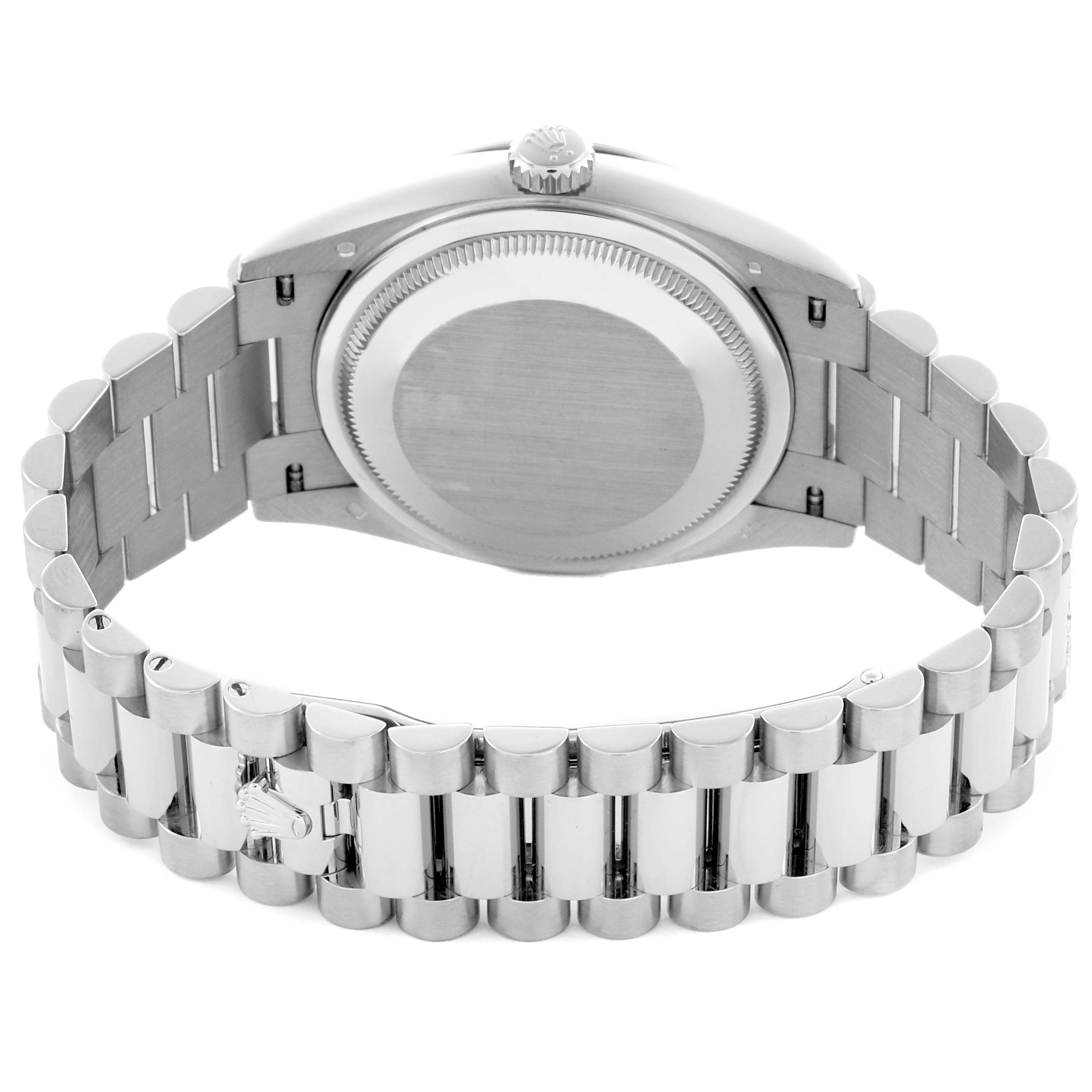 The image shows the back view of a Rolex President 128239 Men's White Gold Blue Dial 128239 Men's White Gold Blue Dial model watch, highlighting the case back and metal bracelet.