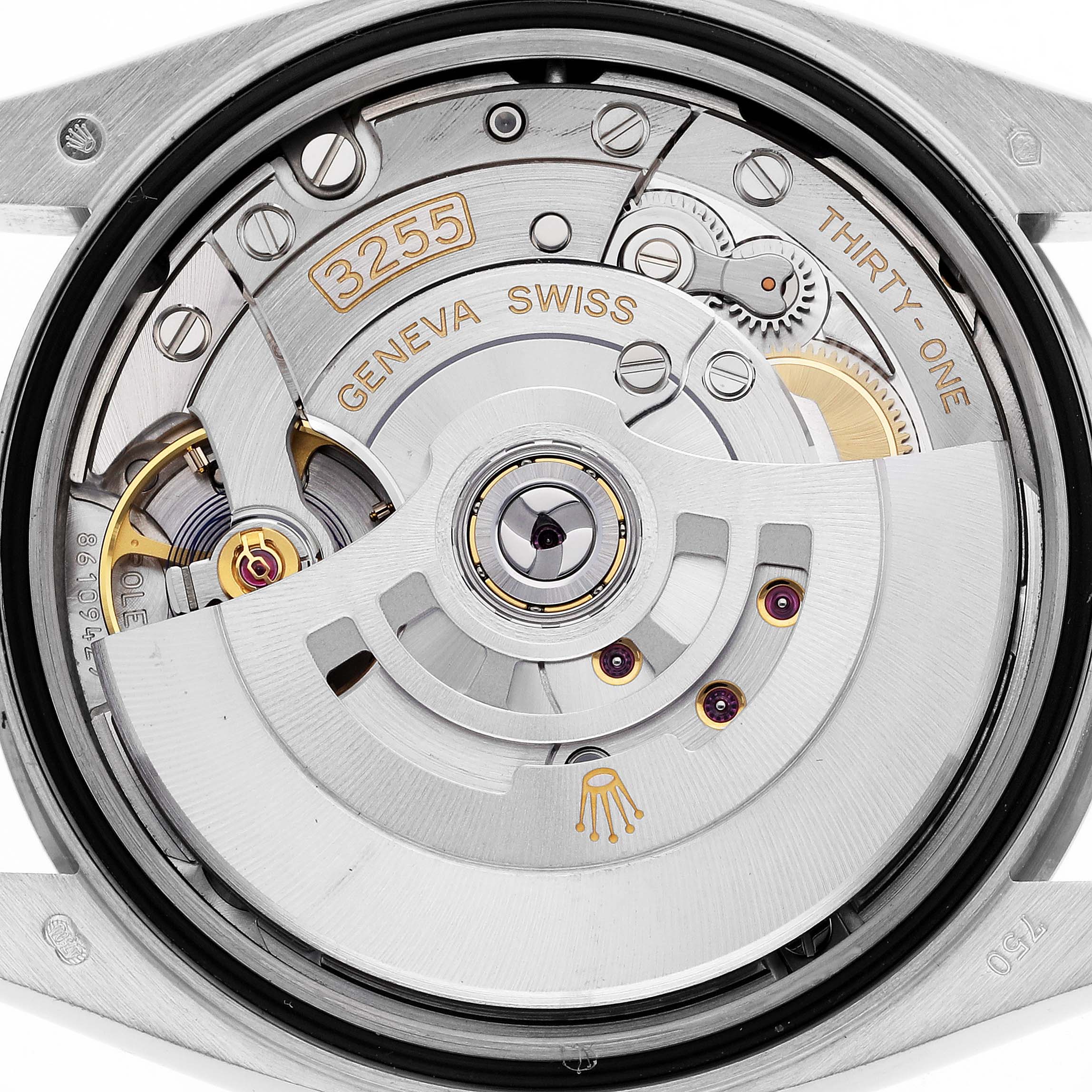 The image shows the movement of a Rolex President 128239 Men's White Gold Blue Dial 128239 Men's White Gold Blue Dial model watch from the back, highlighting the intricate mechanical parts.