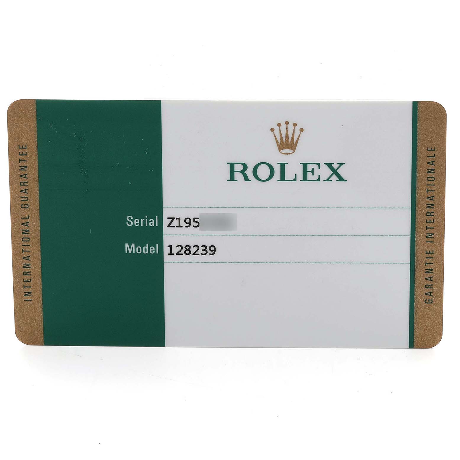 This image shows a Rolex President 128239 Men's White Gold Blue Dial 128239 Men's White Gold Blue Dial model warranty card from a direct angle.