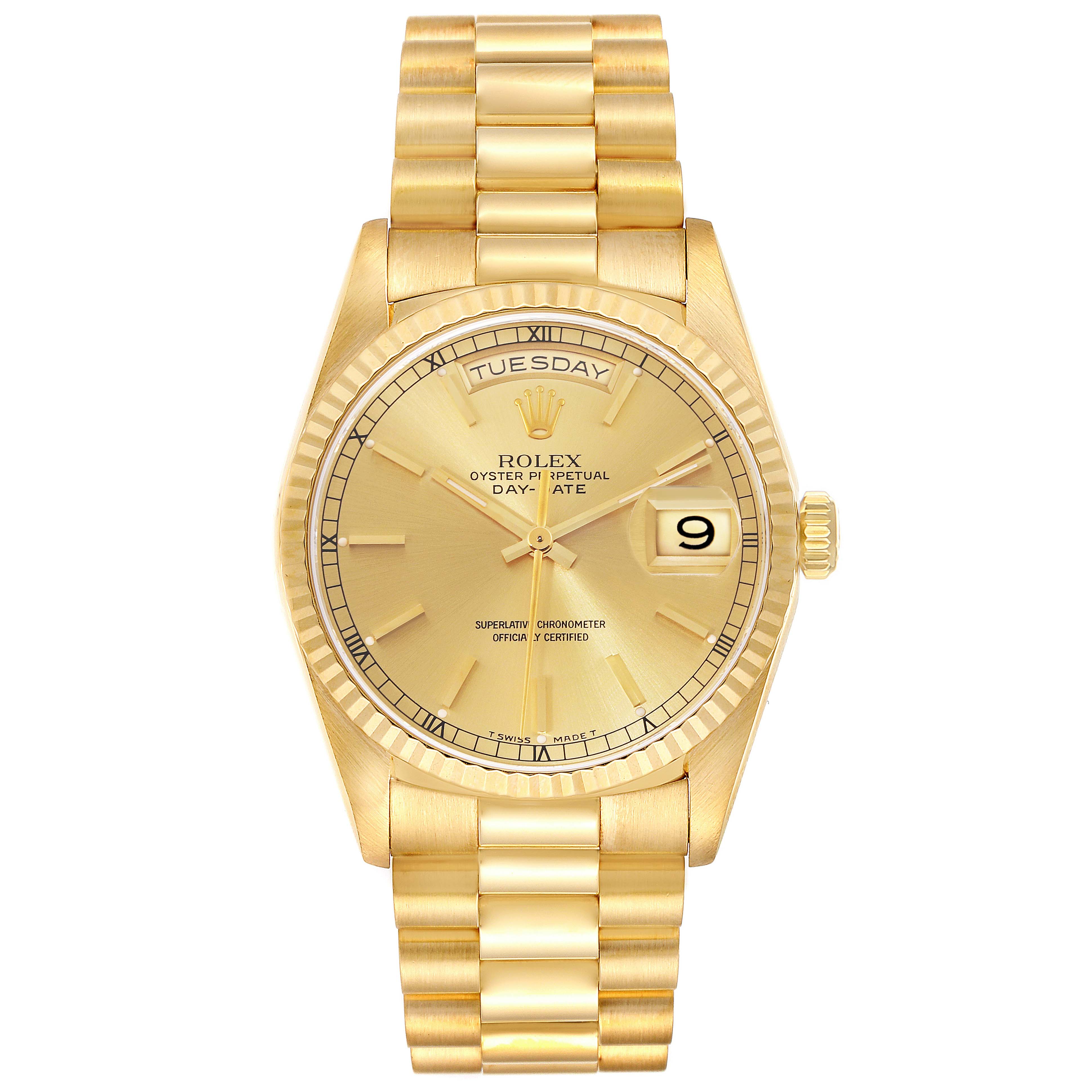 The image shows a front view of a Rolex President 18238 Men
s Yellow Gold Champagne Dial 18238 Men
s Yellow Gold Champagne Dial model watch, displaying its dial, bracelet, and crown.