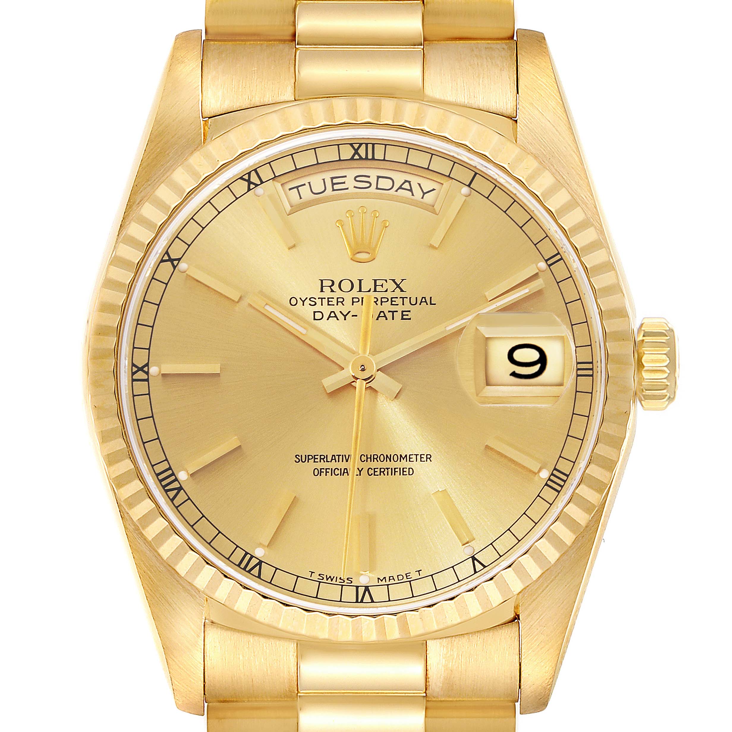 The image shows the front view of a Rolex President 18238 Men
s Yellow Gold Champagne Dial 18238 Men
s Yellow Gold Champagne Dial model watch, highlighting the dial, day, date, and part of the bracelet.