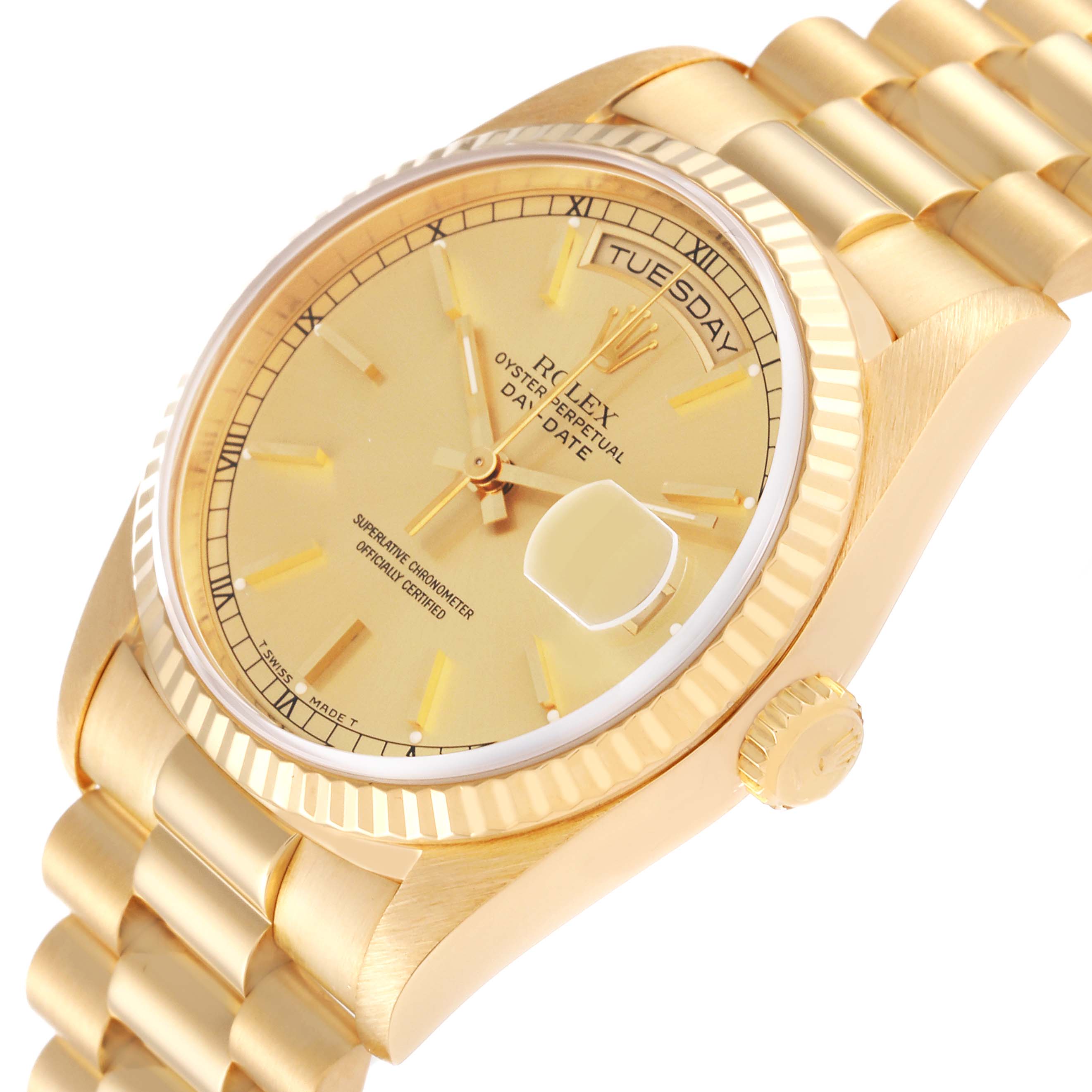 This image shows a Rolex President 18238 Men
s Yellow Gold Champagne Dial 18238 Men
s Yellow Gold Champagne Dial model watch at a slight angle, revealing the dial, day-date display, crown, and part of the bracelet.