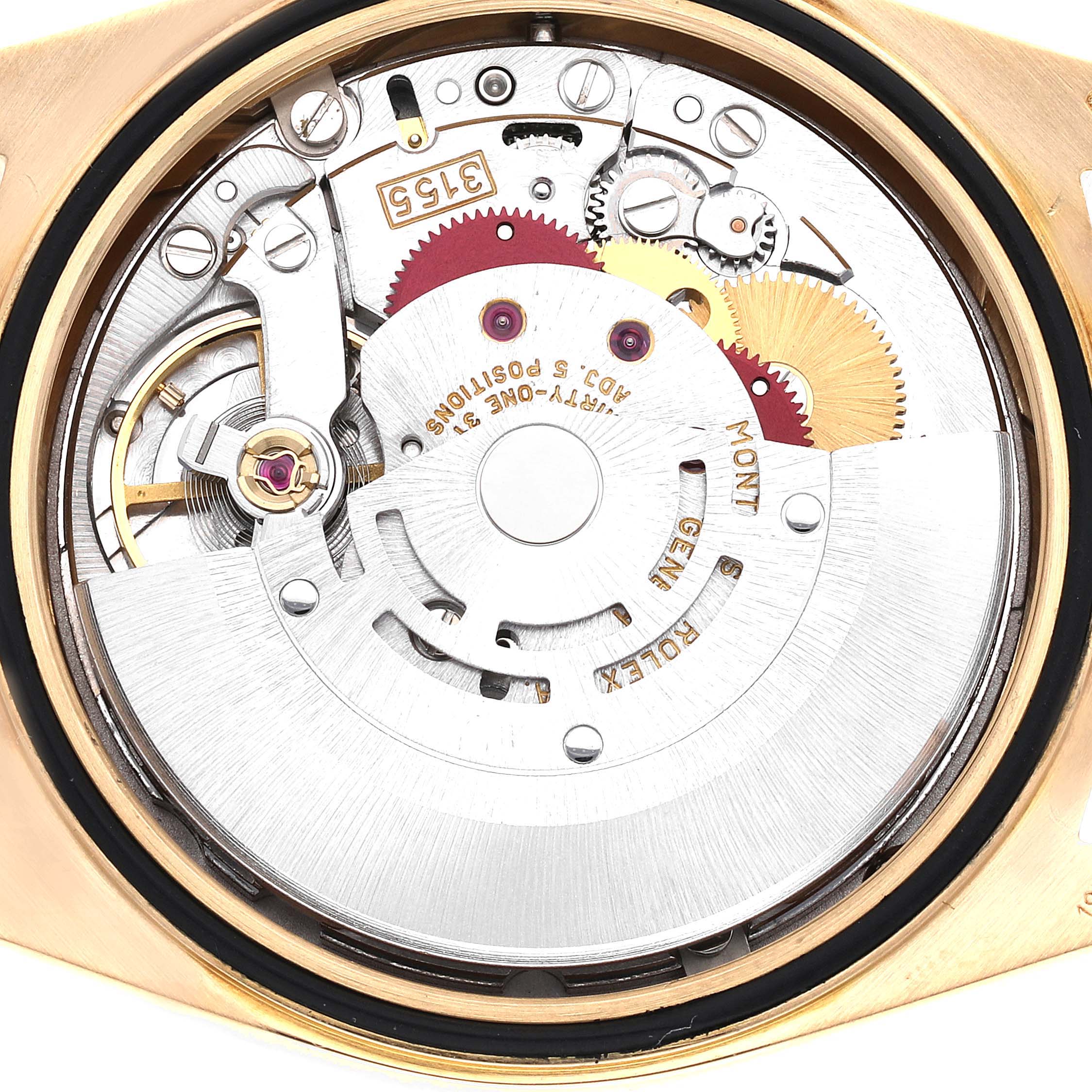 This is an interior view of a Rolex President 18238 Men
s Yellow Gold Champagne Dial 18238 Men
s Yellow Gold Champagne Dial model watch, showing the intricate watch movement and gears.
