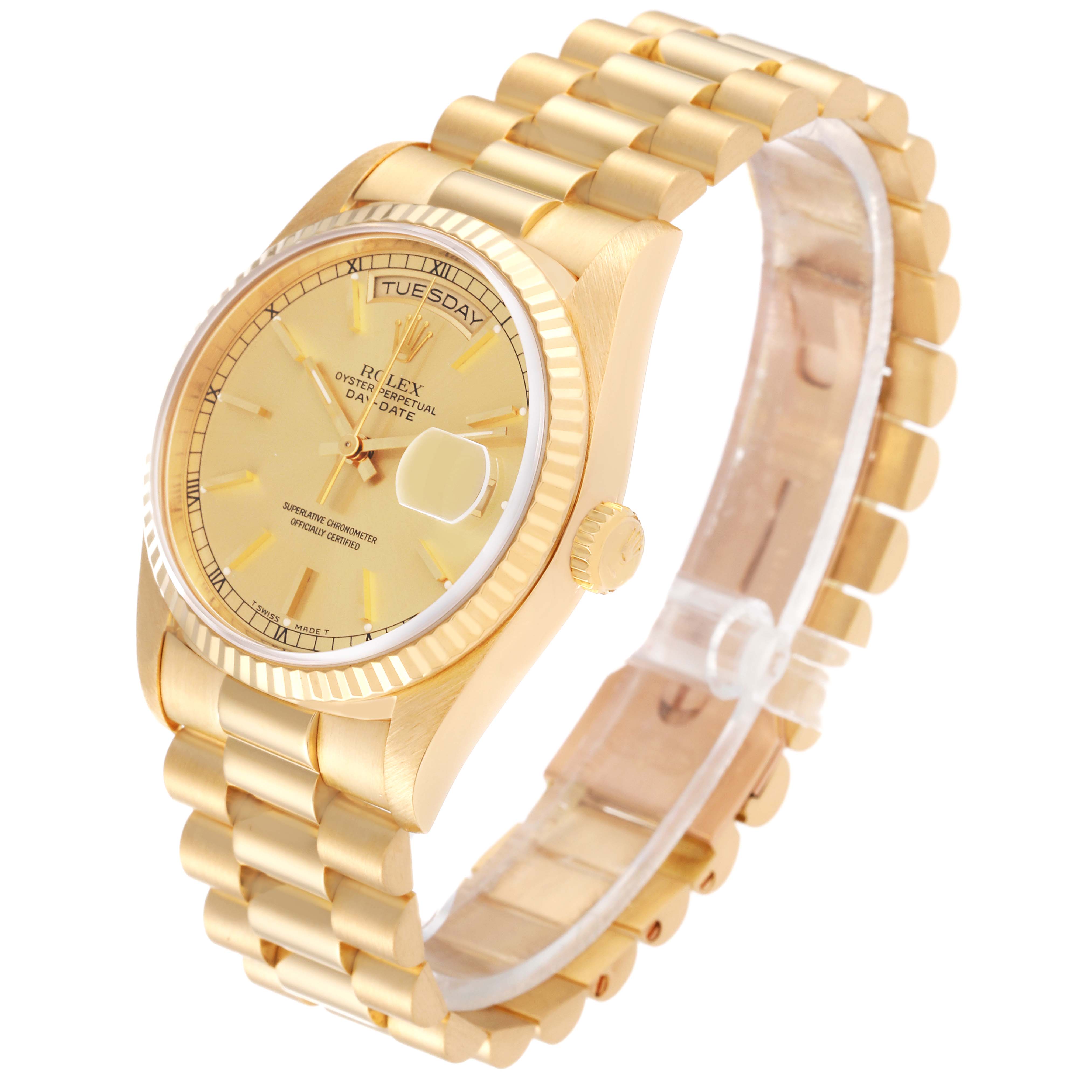 The image shows a Rolex President 18238 Men
s Yellow Gold Champagne Dial 18238 Men
s Yellow Gold Champagne Dial model watch at a slight angle, emphasizing the bracelet, case, dial, crown, and fluted bezel.