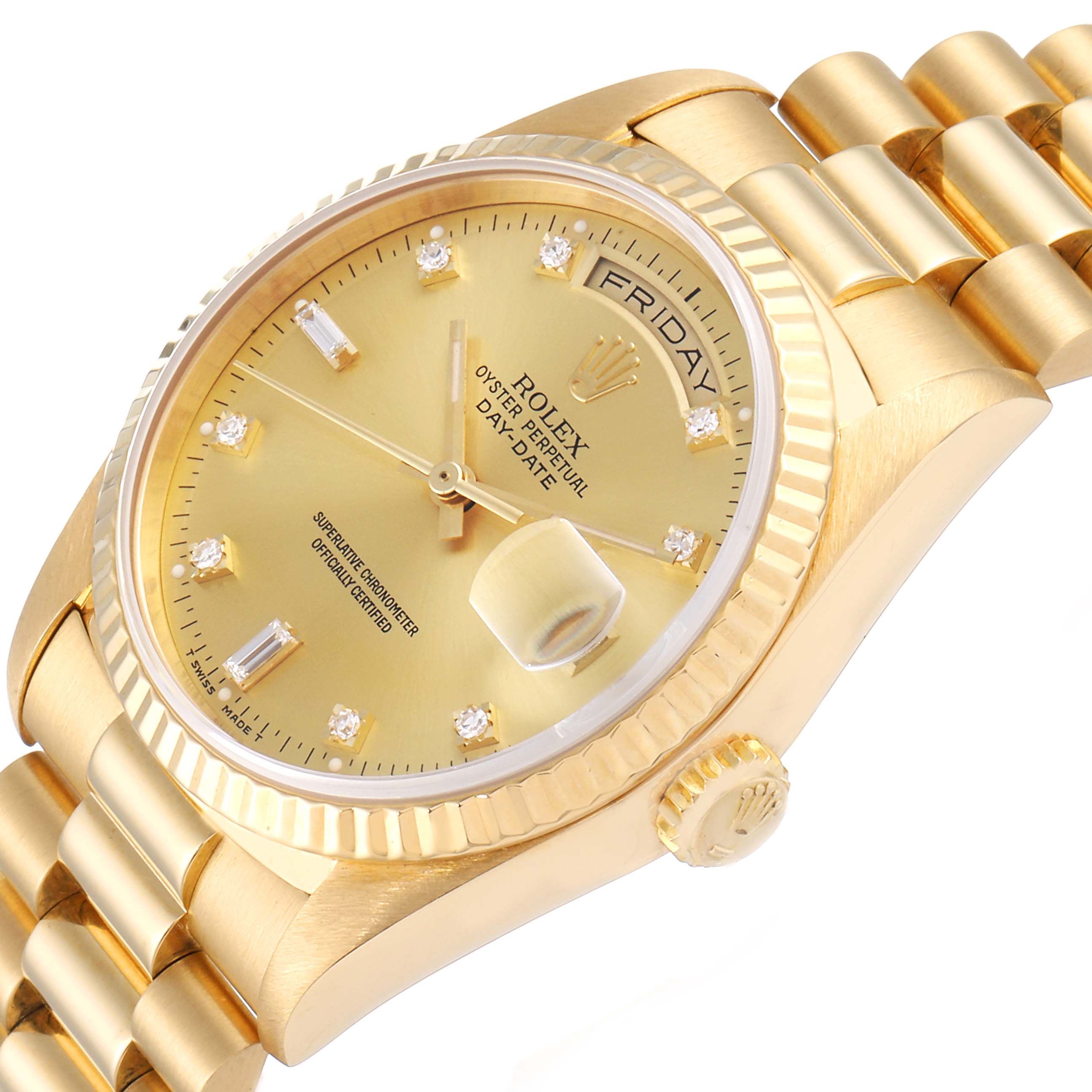 The image shows a close-up, angled view of the Rolex President 18238 Men
s Yellow Gold Champagne Dial 18238 Men
s Yellow Gold Champagne Dial Day-Date watch face and bracelet in gold.