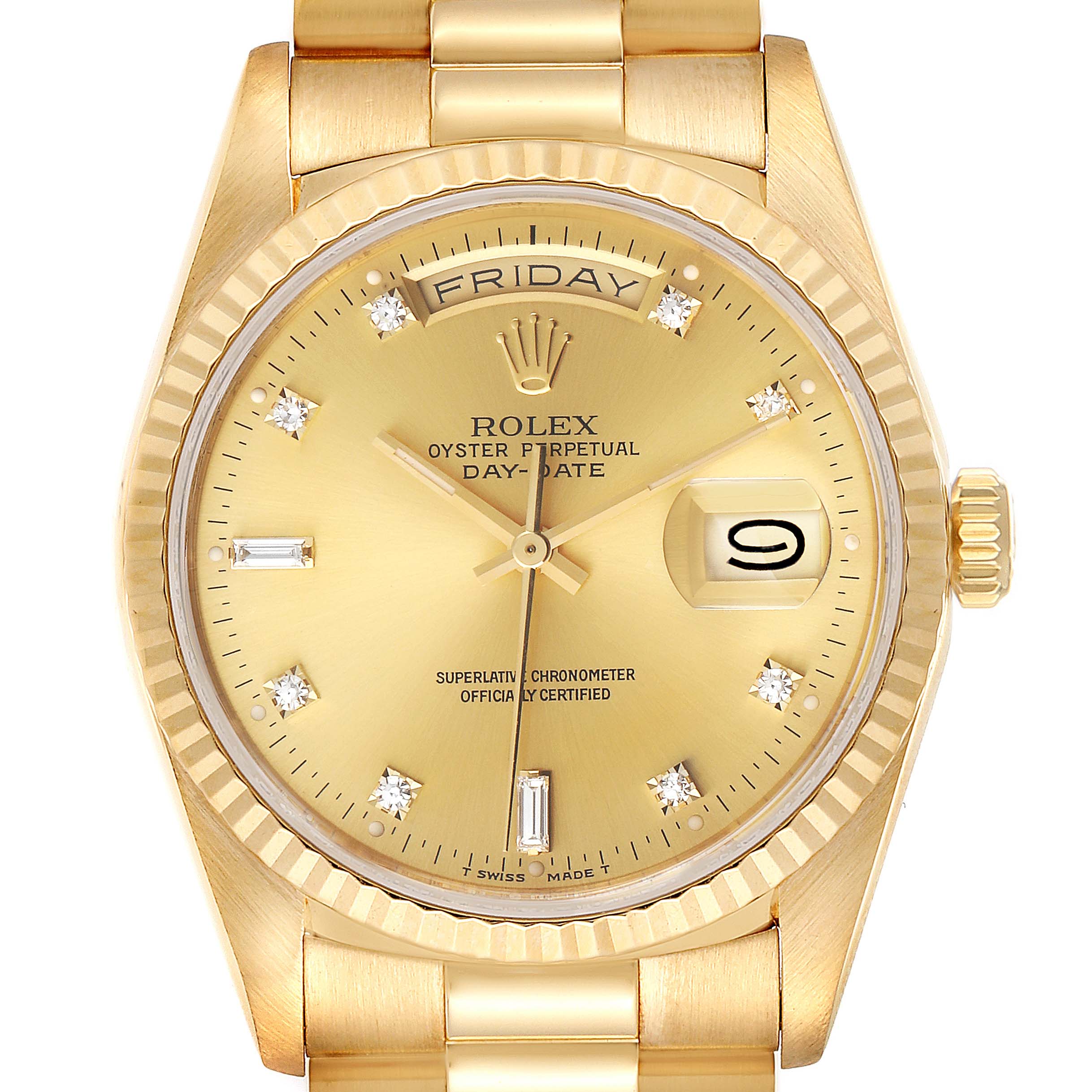 The image shows a frontal view of a Rolex President 18238 Men
s Yellow Gold Champagne Dial 18238 Men
s Yellow Gold Champagne Dial Day-Date watch, displaying its gold dial, day, date, and diamond hour markers.