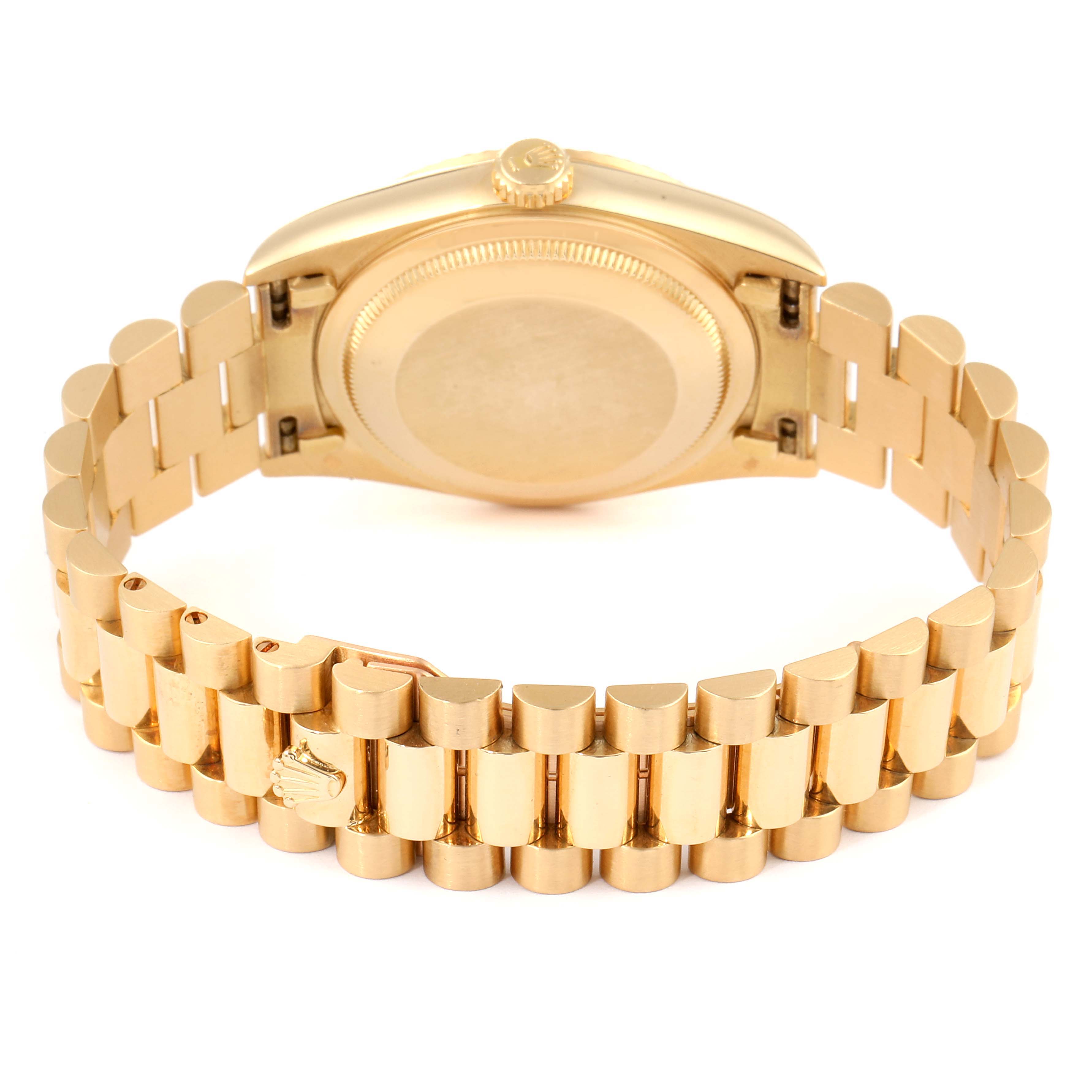 This image shows the back view of a Rolex President 18238 Men
s Yellow Gold Champagne Dial 18238 Men
s Yellow Gold Champagne Dial model watch, highlighting the case back and bracelet.