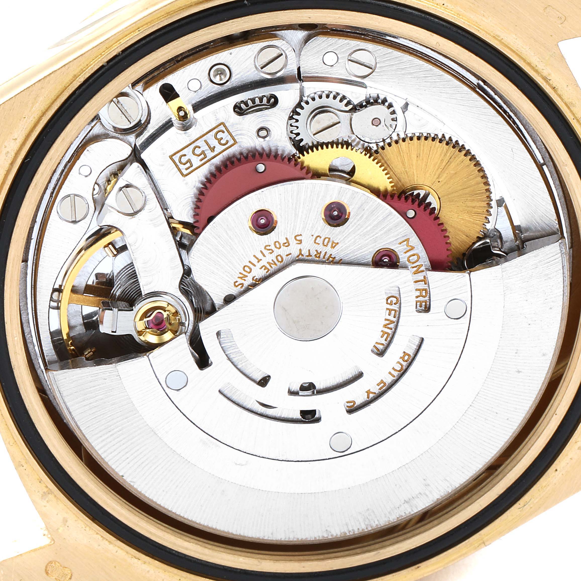 This image shows the inner mechanical components of a Rolex President 18238 Men
s Yellow Gold Champagne Dial 18238 Men
s Yellow Gold Champagne Dial model watch viewed from the back.