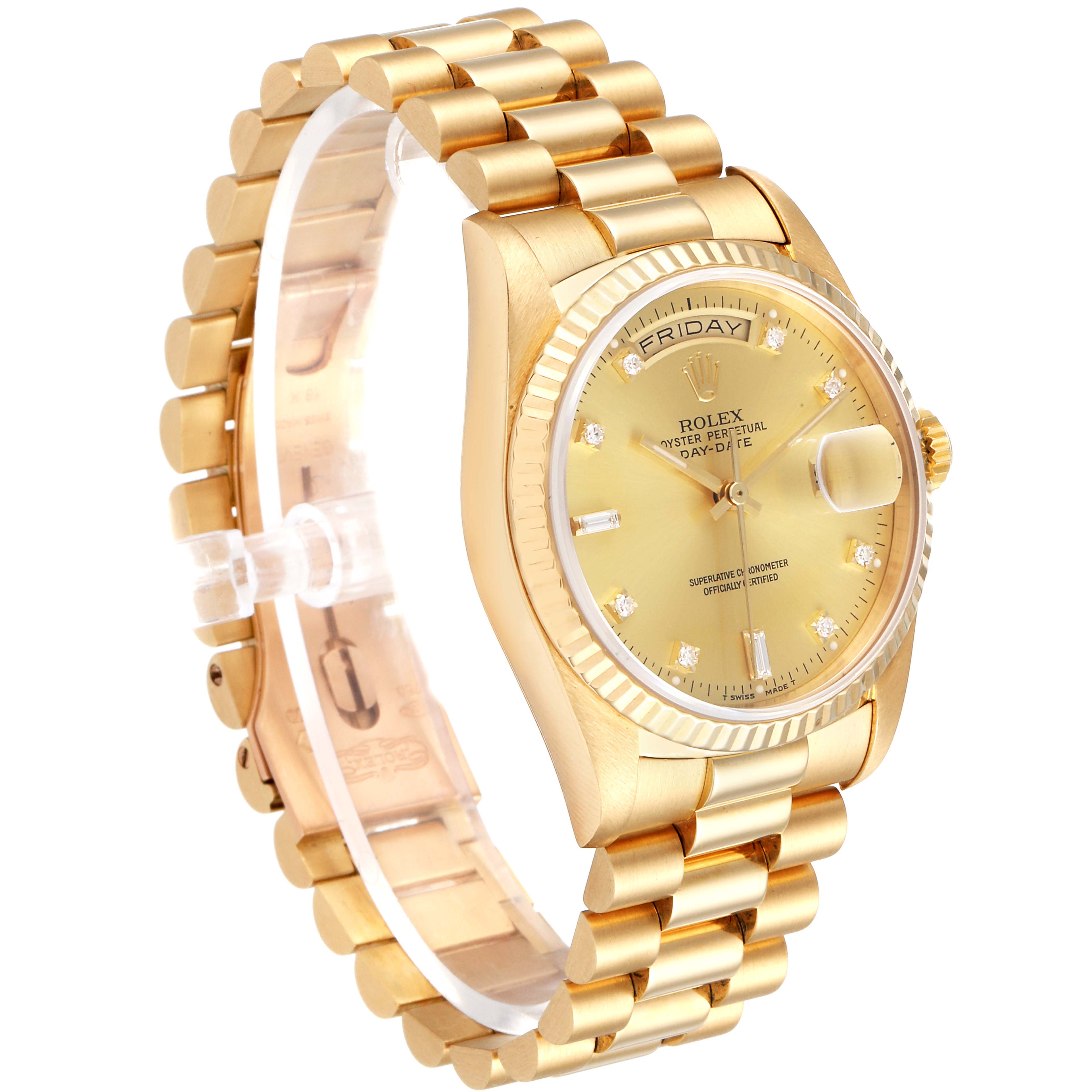 The image shows a Rolex President 18238 Men
s Yellow Gold Champagne Dial 18238 Men
s Yellow Gold Champagne Dial model watch at a slight angle, highlighting its gold bracelet, face, bezel, and crown.