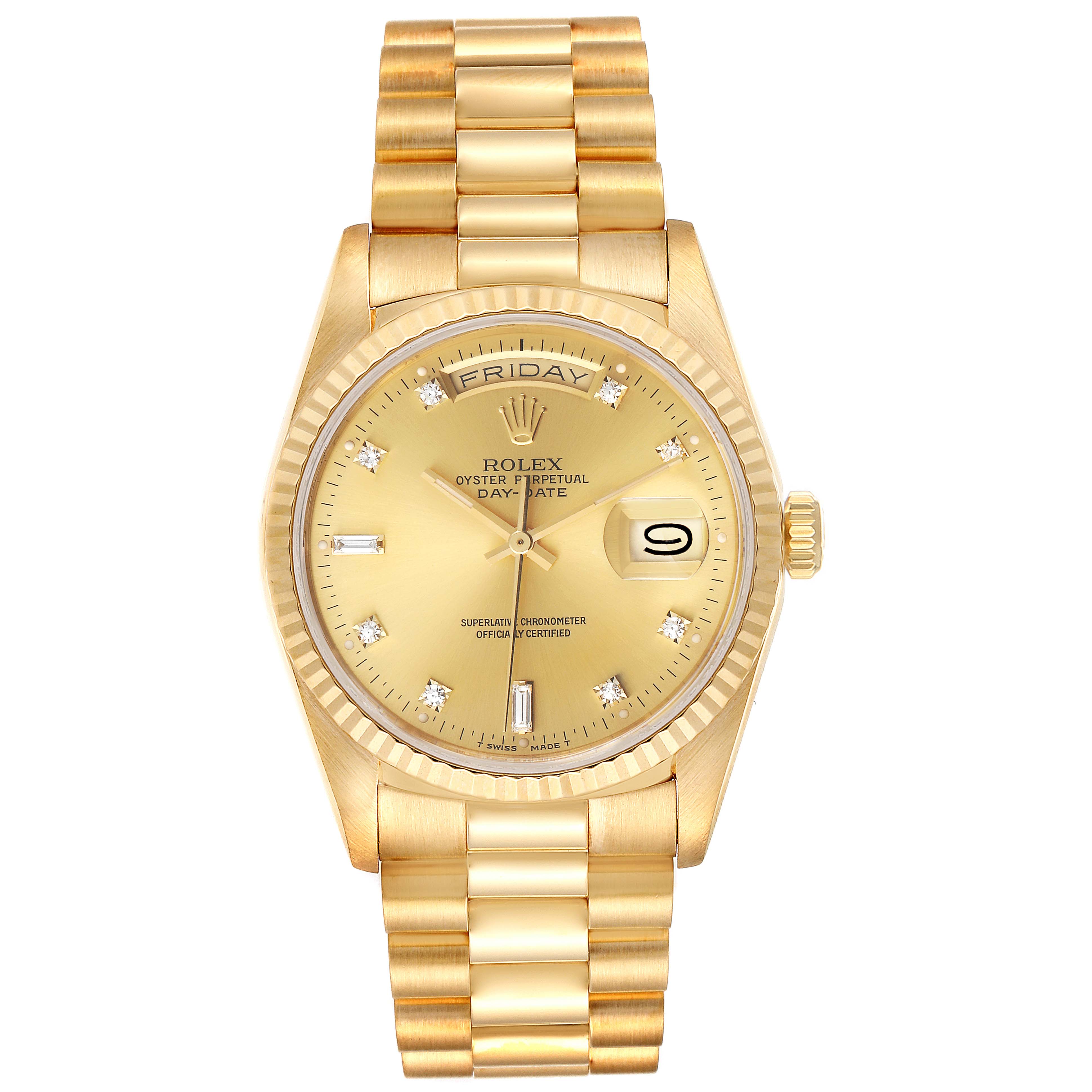 This image shows a frontal view of the Rolex President 18238 Men
s Yellow Gold Champagne Dial 18238 Men
s Yellow Gold Champagne Dial model watch, highlighting its gold case, bracelet, and day-date dial.