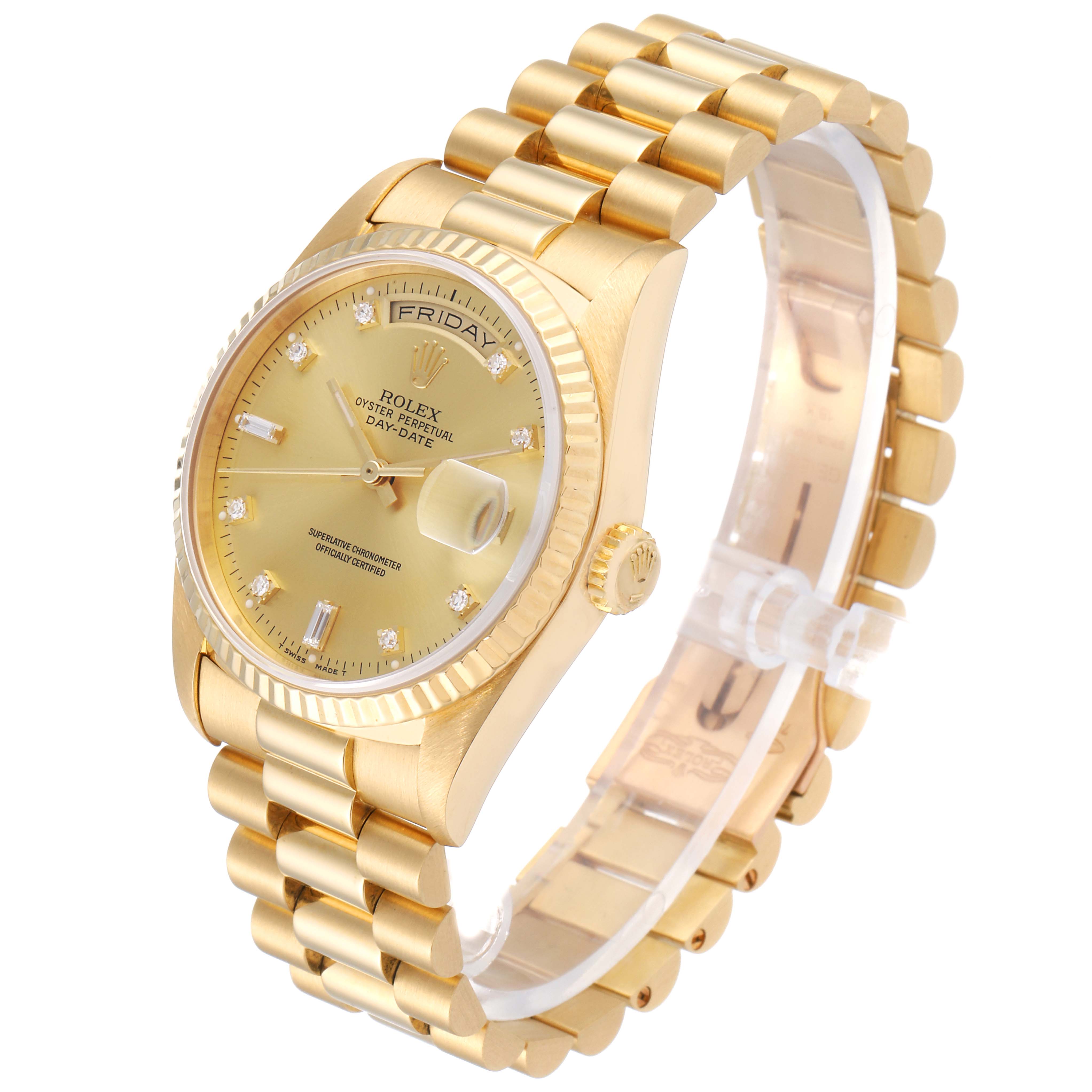 This image shows a side angle of a Rolex President 18238 Men
s Yellow Gold Champagne Dial 18238 Men
s Yellow Gold Champagne Dial model, showcasing its face, bezel, bracelet, and crown.