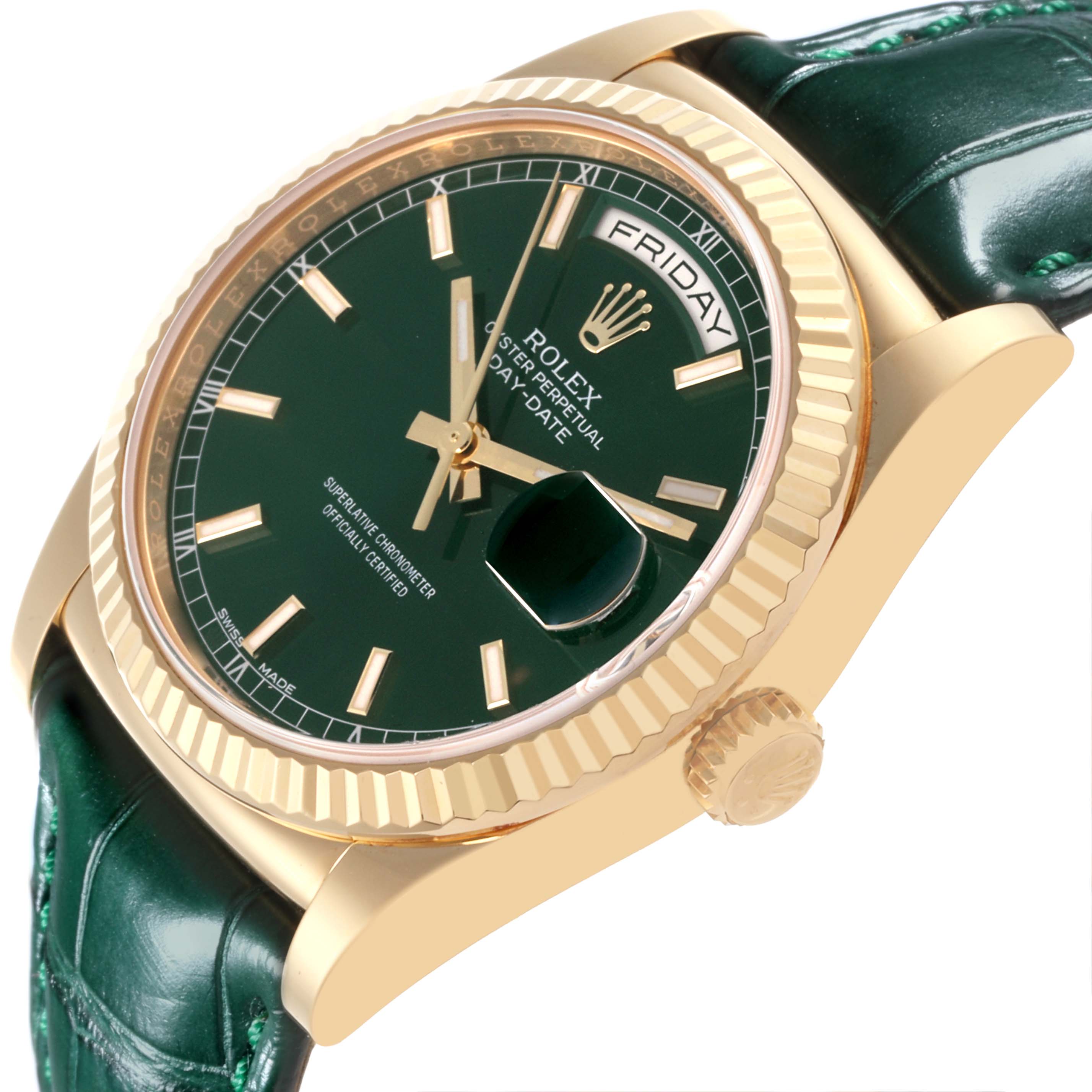 The Rolex President 118138 Men's Yellow Gold Green Dial 118138 Men's Yellow Gold Green Dial model watch is shown at a slight angle, focusing on the gold case, green dial, bezel, and crown.
