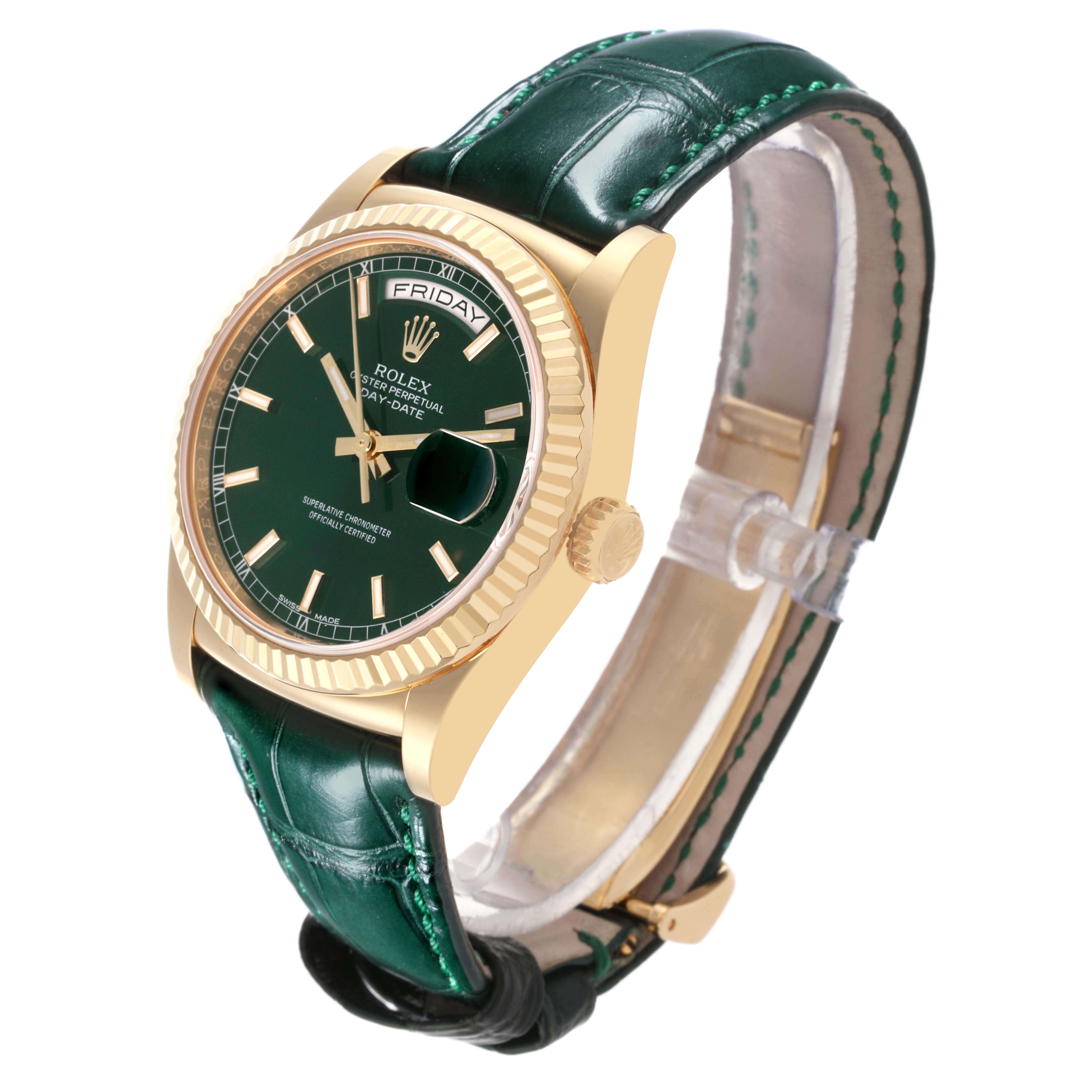 The Rolex President 118138 Men's Yellow Gold Green Dial 118138 Men's Yellow Gold Green Dial model watch is shown at a tilted angle, displaying the green dial, fluted bezel, and green strap.
