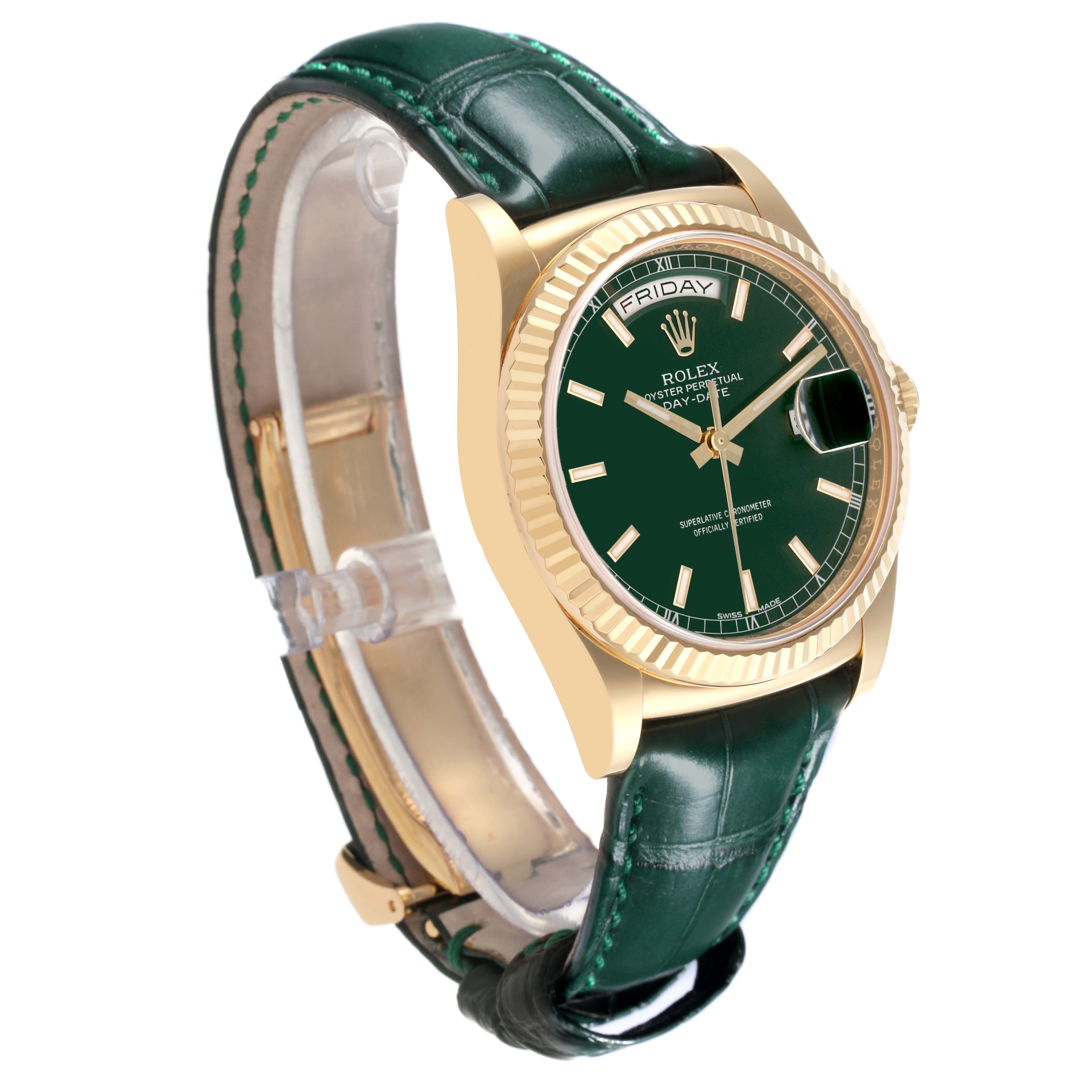 The Rolex President 118138 Men's Yellow Gold Green Dial 118138 Men's Yellow Gold Green Dial watch is shown at a three-quarter angle, highlighting its green dial, gold case, fluted bezel, and leather strap.
