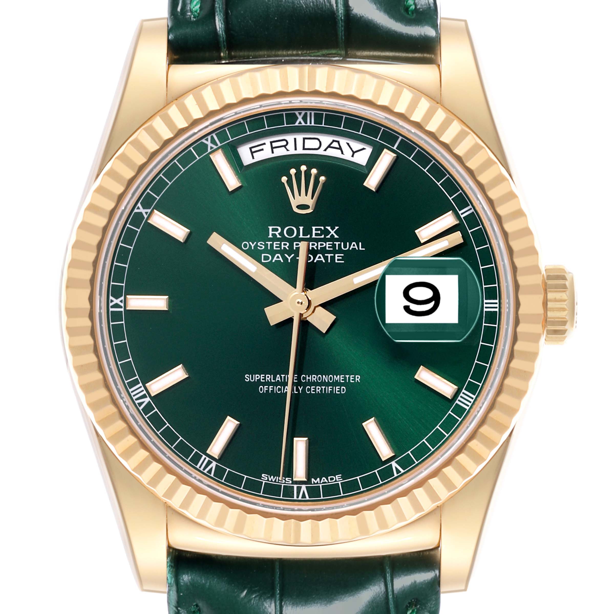 The Rolex President 118138 Men's Yellow Gold Green Dial 118138 Men's Yellow Gold Green Dial model is shown from the front, highlighting the green dial, gold case, day, and date features.