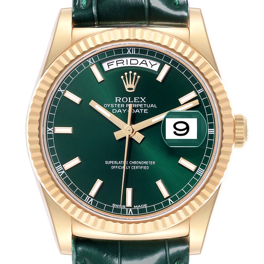 The Rolex President model is shown from the front, highlighting the green dial, gold case, day, and date features.