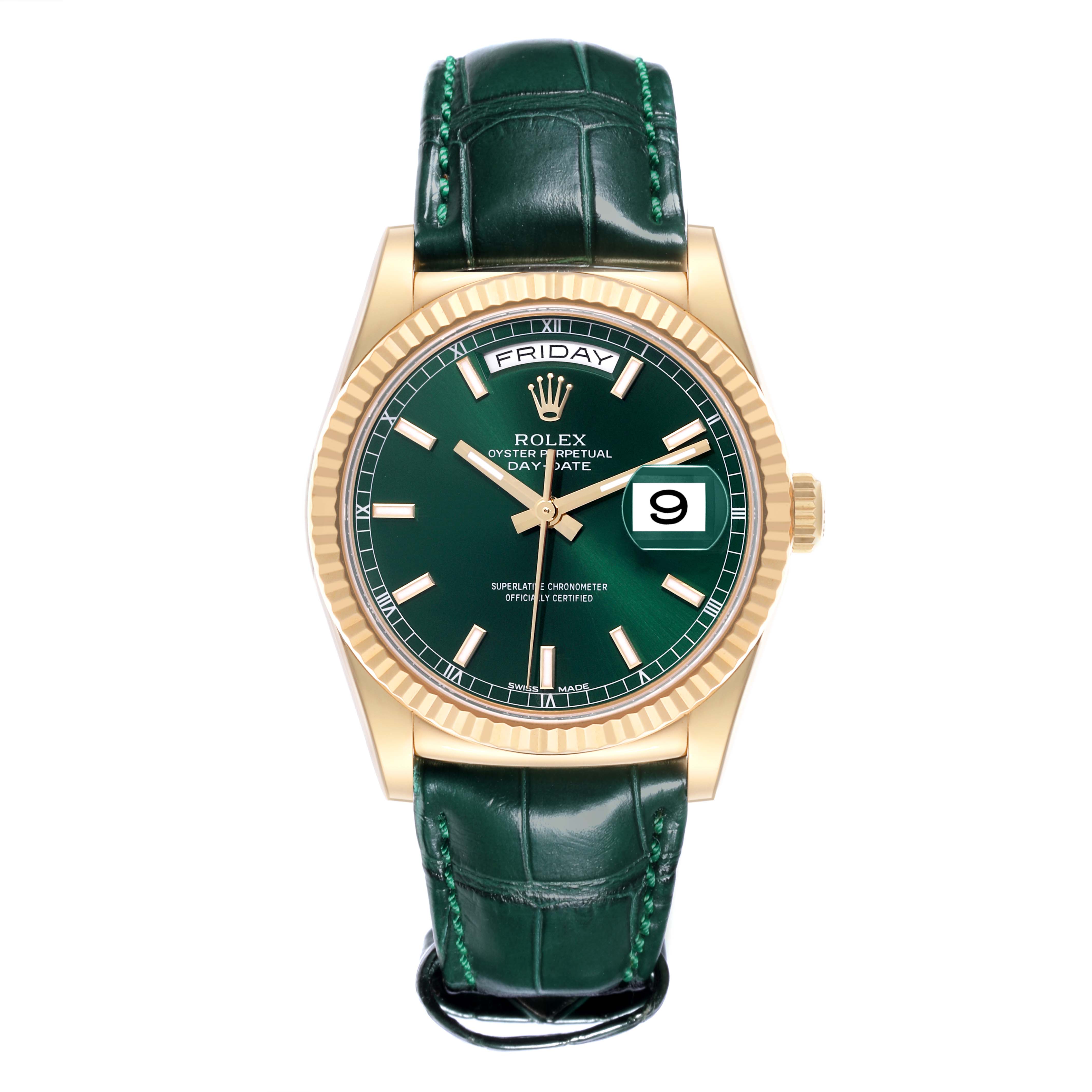 The Rolex President 118138 Men's Yellow Gold Green Dial 118138 Men's Yellow Gold Green Dial model watch is shown from the front, displaying its green dial, gold case, and green leather strap.