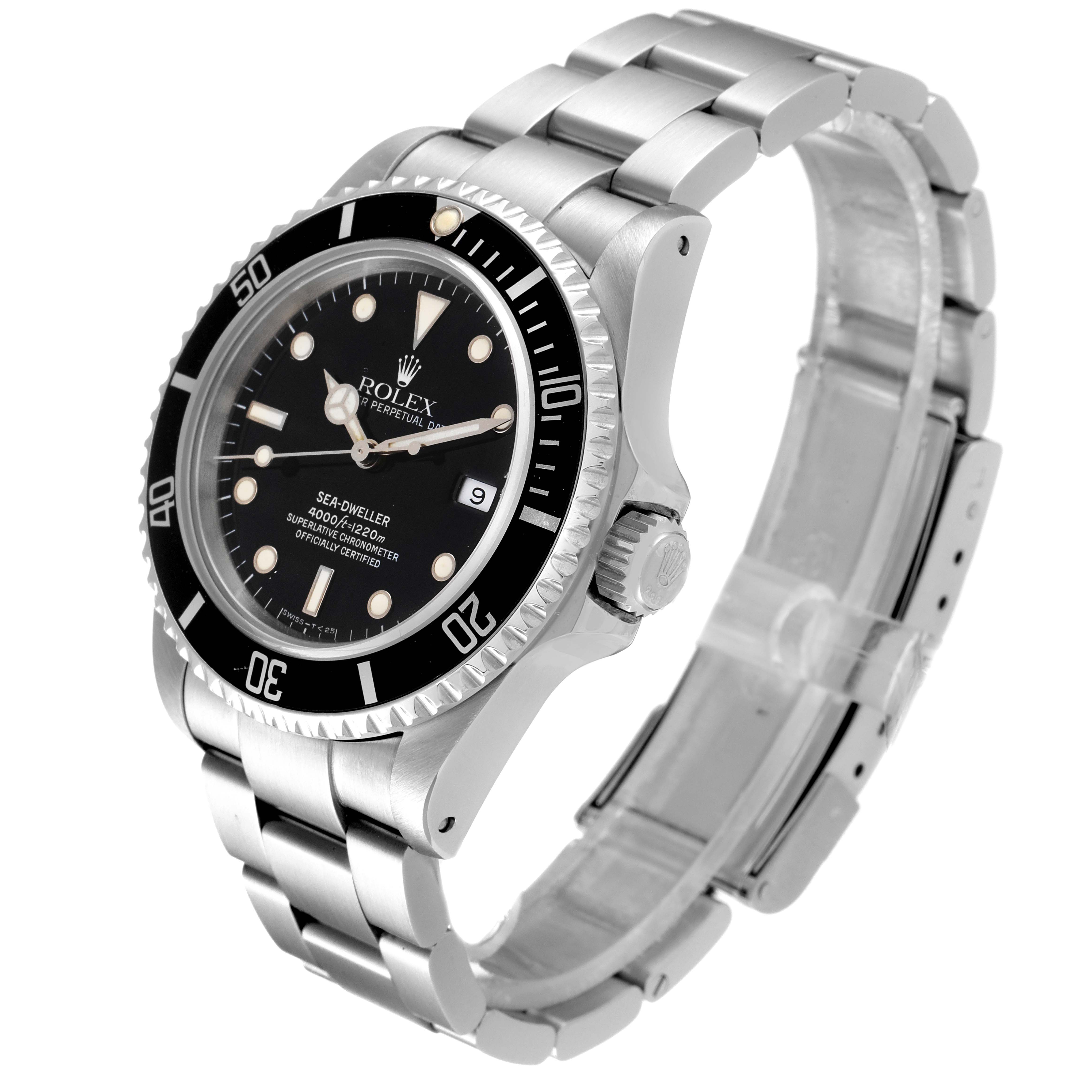 The Rolex Sea-Dweller 16600 Men
s Stainless Steel Black Dial 16600 Men
s Stainless Steel Black Dial watch is shown at a front-angle view highlighting the dial, bezel, and stainless steel bracelet.