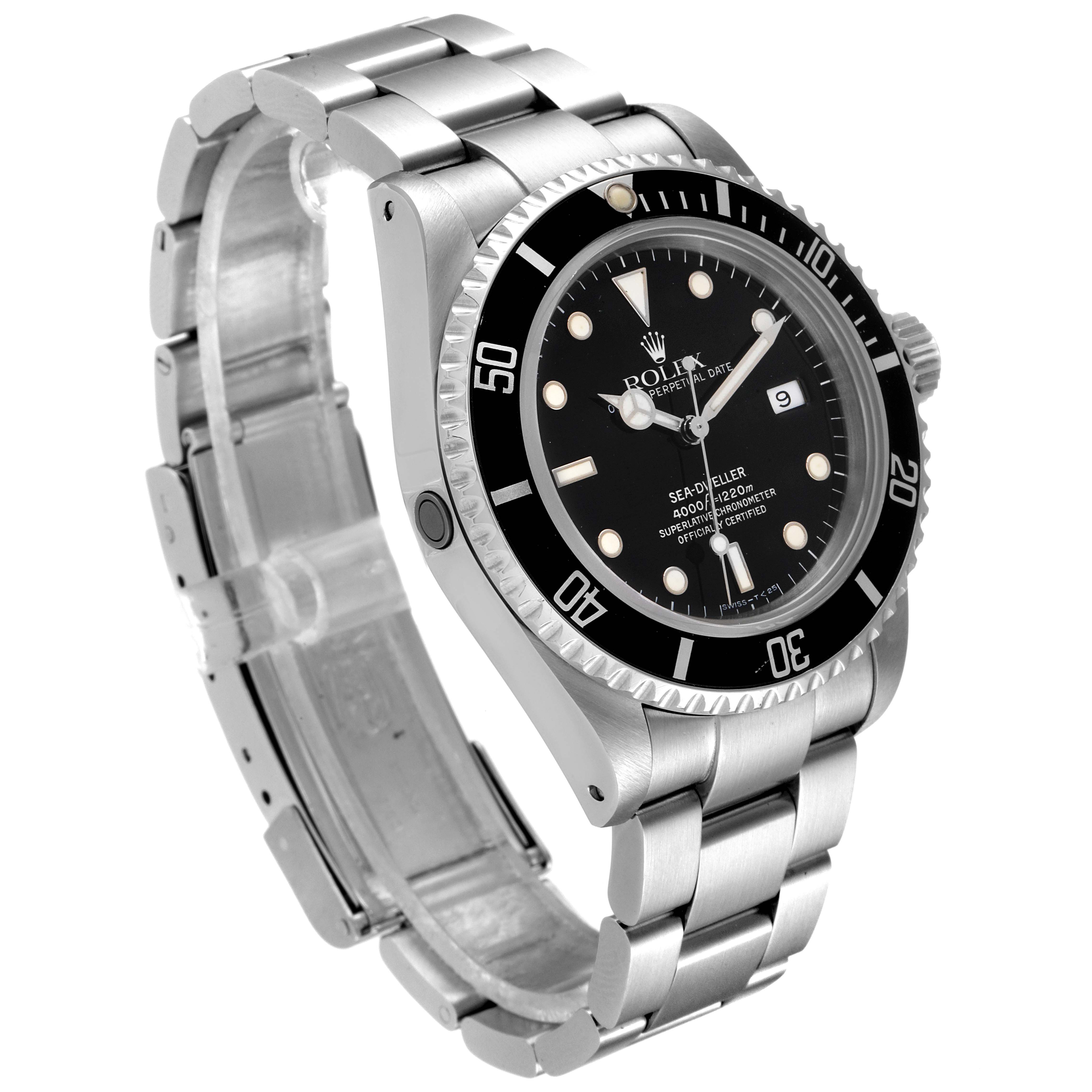 The image shows a side angle of the Rolex Sea-Dweller 16600 Men
s Stainless Steel Black Dial 16600 Men
s Stainless Steel Black Dial watch, highlighting the dial, bezel, case, and stainless steel bracelet.