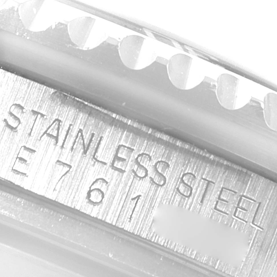 The image shows a close-up angle of the stainless steel casing and serial number area of a Rolex Sea-Dweller 16600 Men
s Stainless Steel Black Dial 16600 Men
s Stainless Steel Black Dial watch.