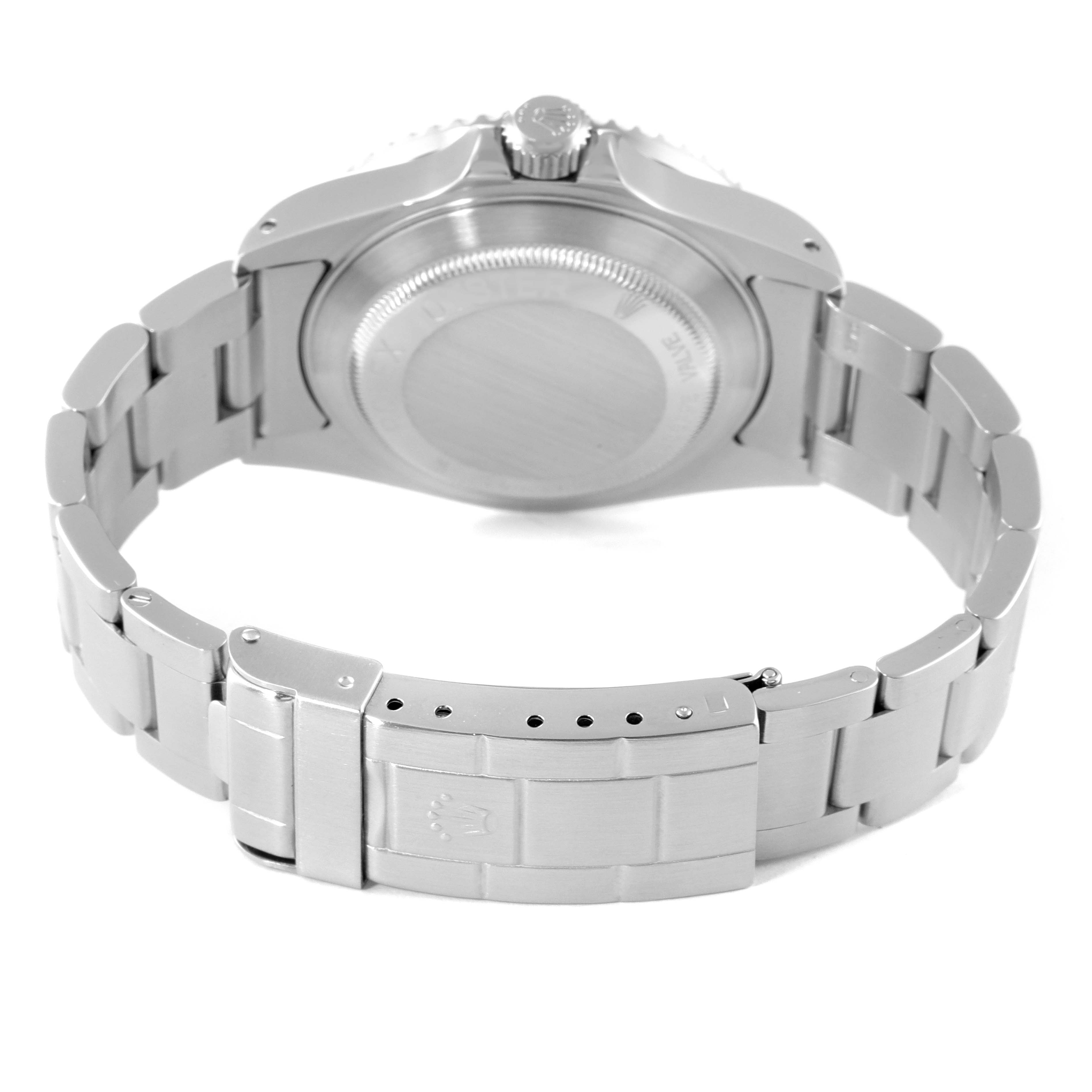 The image shows the back side of the Rolex Sea-Dweller 16600 Men
s Stainless Steel Black Dial 16600 Men
s Stainless Steel Black Dial watch, highlighting its closed clasp and stainless steel bracelet.