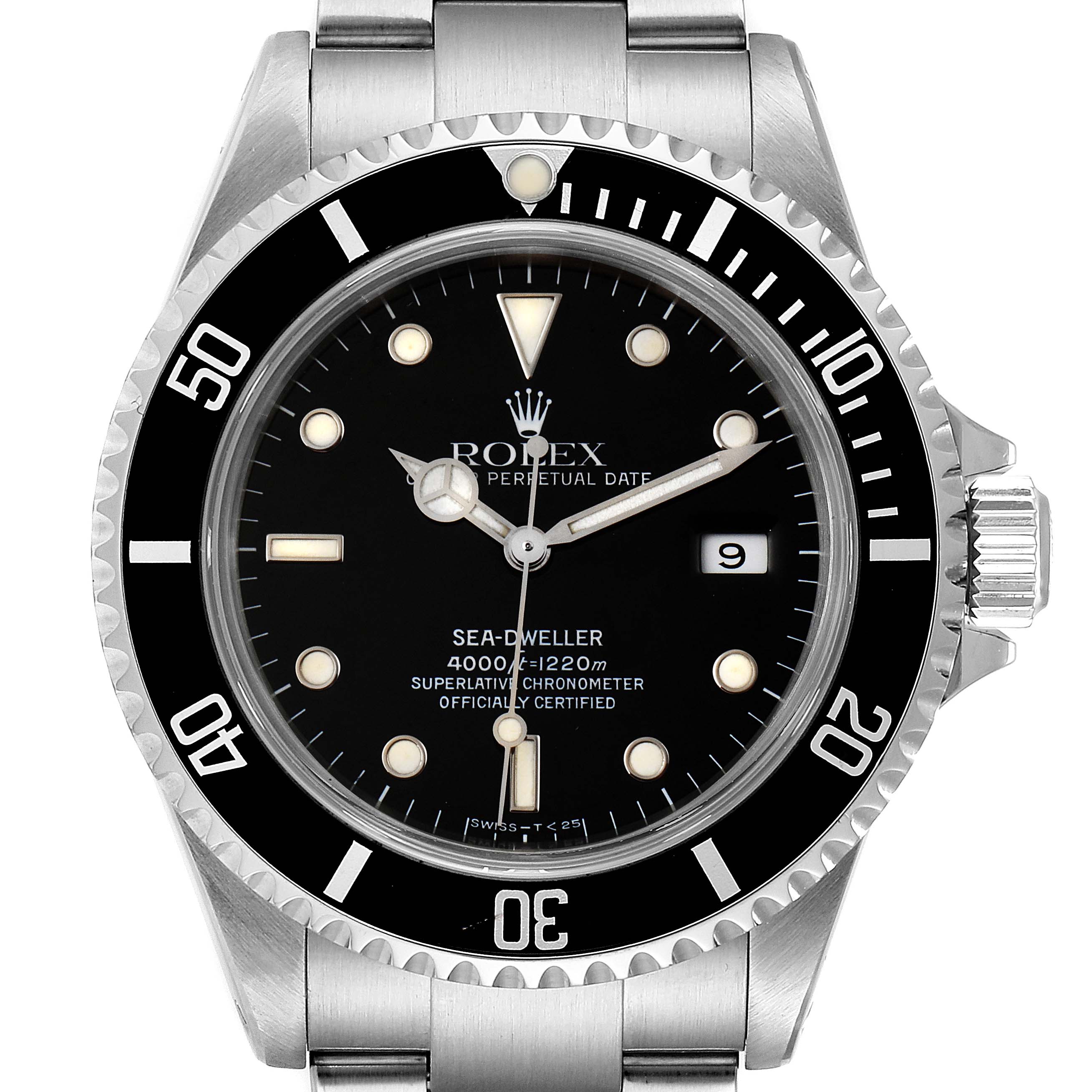 This is a head-on shot of the Rolex Sea-Dweller 16600 Men
s Stainless Steel Black Dial 16600 Men
s Stainless Steel Black Dial watch, showing its face, bezel, and part of the bracelet.