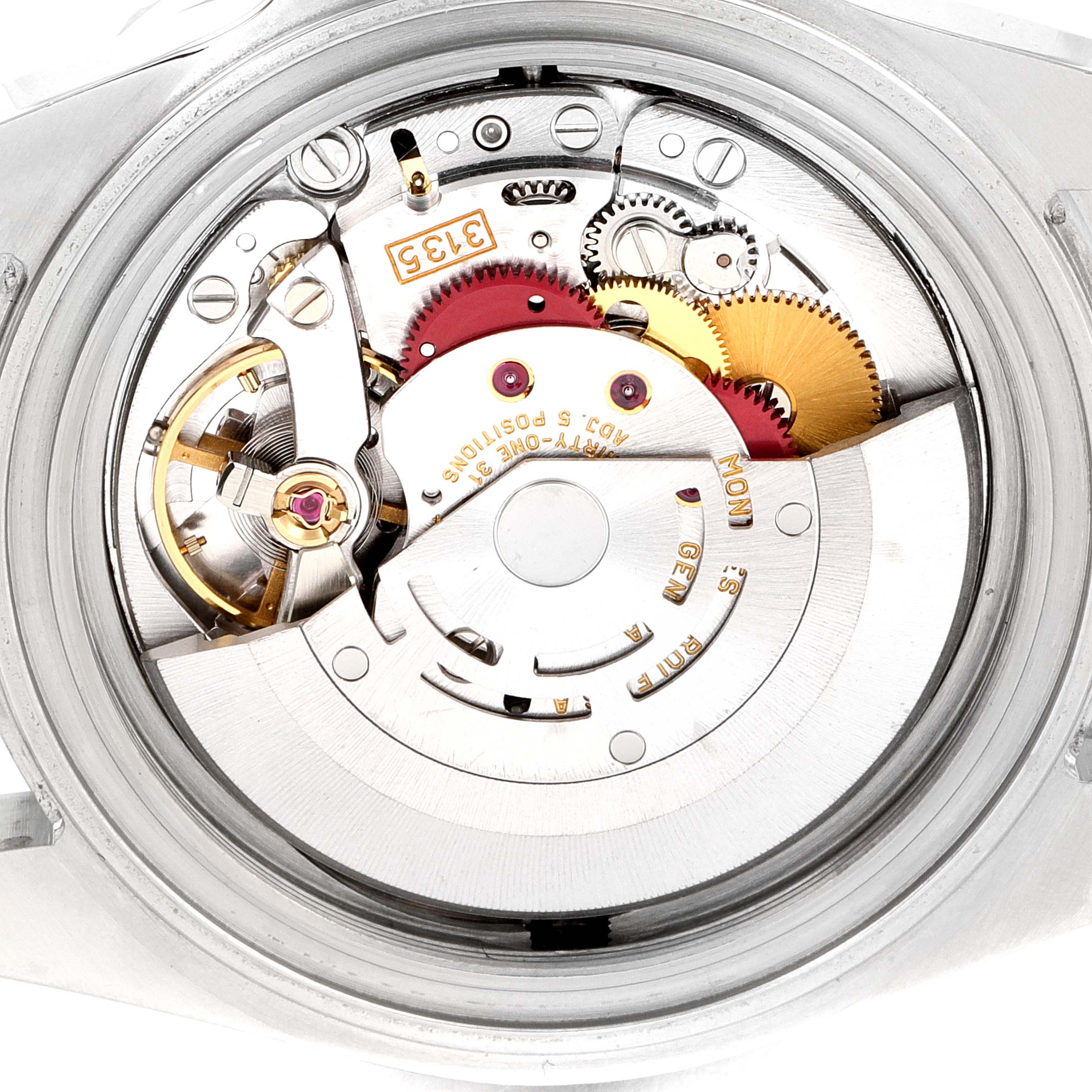 This image shows the internal mechanical movement of a Rolex Sea-Dweller 16600 Men
s Stainless Steel Black Dial 16600 Men
s Stainless Steel Black Dial watch from a close-up, top-down angle.