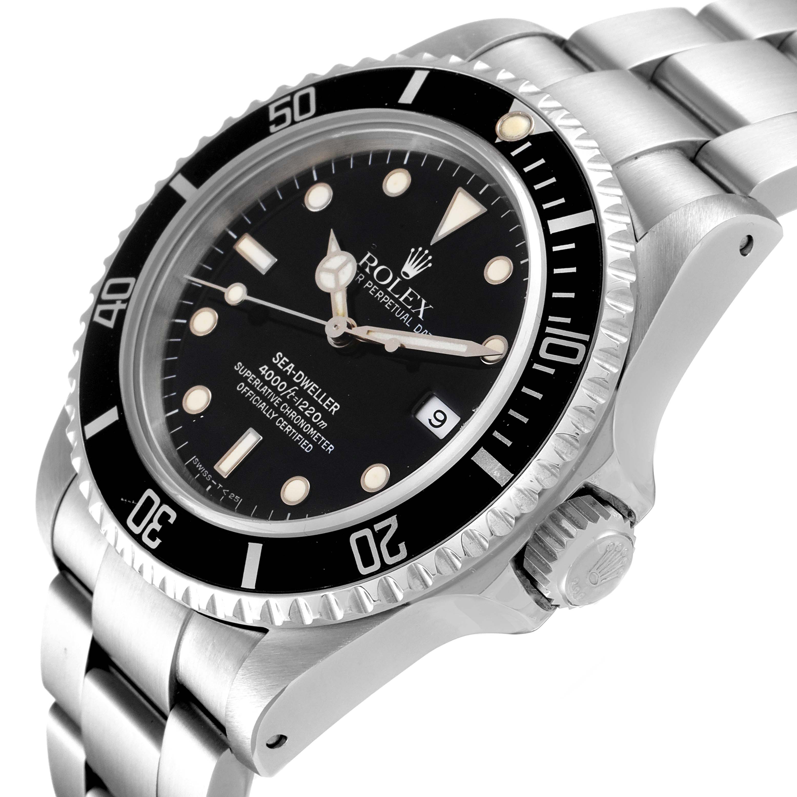 The image shows a Rolex Sea-Dweller 16600 Men
s Stainless Steel Black Dial 16600 Men
s Stainless Steel Black Dial watch at a three-quarter angle, highlighting the dial, bezel, and bracelet.
