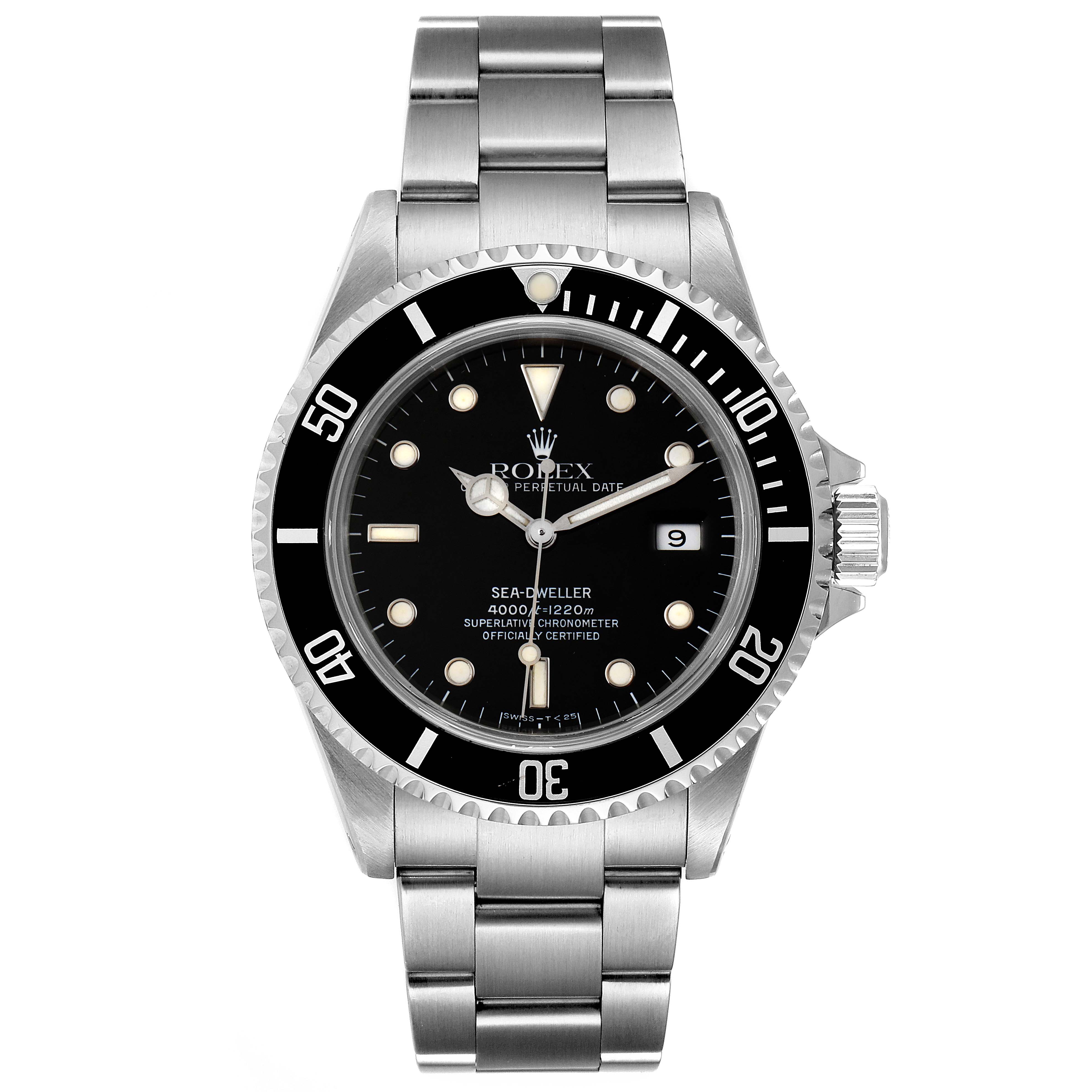 The image shows a front view of the Rolex Sea-Dweller 16600 Men
s Stainless Steel Black Dial 16600 Men
s Stainless Steel Black Dial watch, highlighting the dial, bezel, and bracelet.