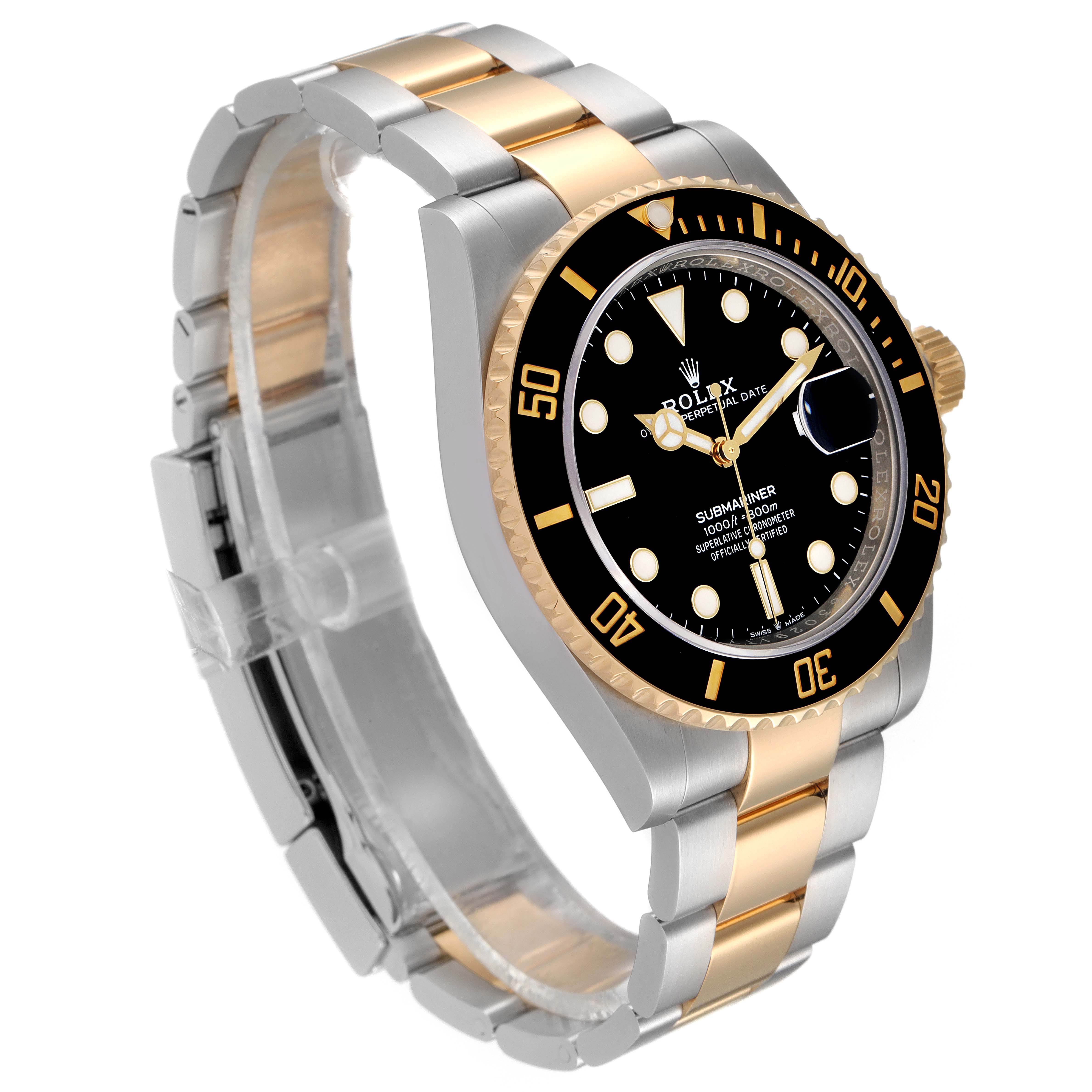 The Rolex Submariner 126613 Men's Steel and Gold (two tone) Black Dial 126613 Men's Steel and Gold (two tone) Black Dial watch is shown at a three-quarter angle, highlighting its black dial, gold bezel, and two-tone bracelet.