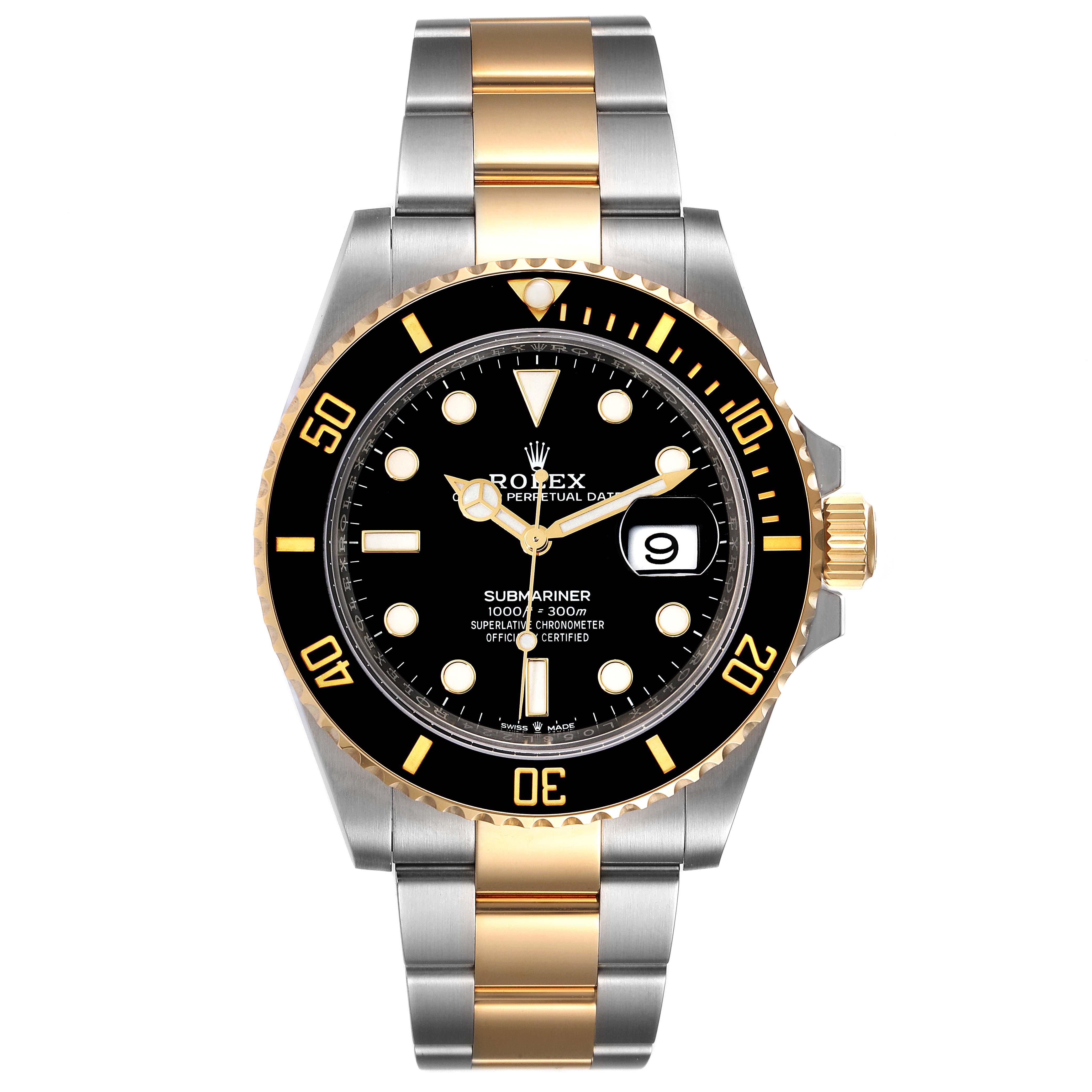 The Rolex Submariner 126613 Men's Steel and Gold (two tone) Black Dial 126613 Men's Steel and Gold (two tone) Black Dial watch is shown from a front angle, displaying the dial, bezel, and two-tone bracelet.