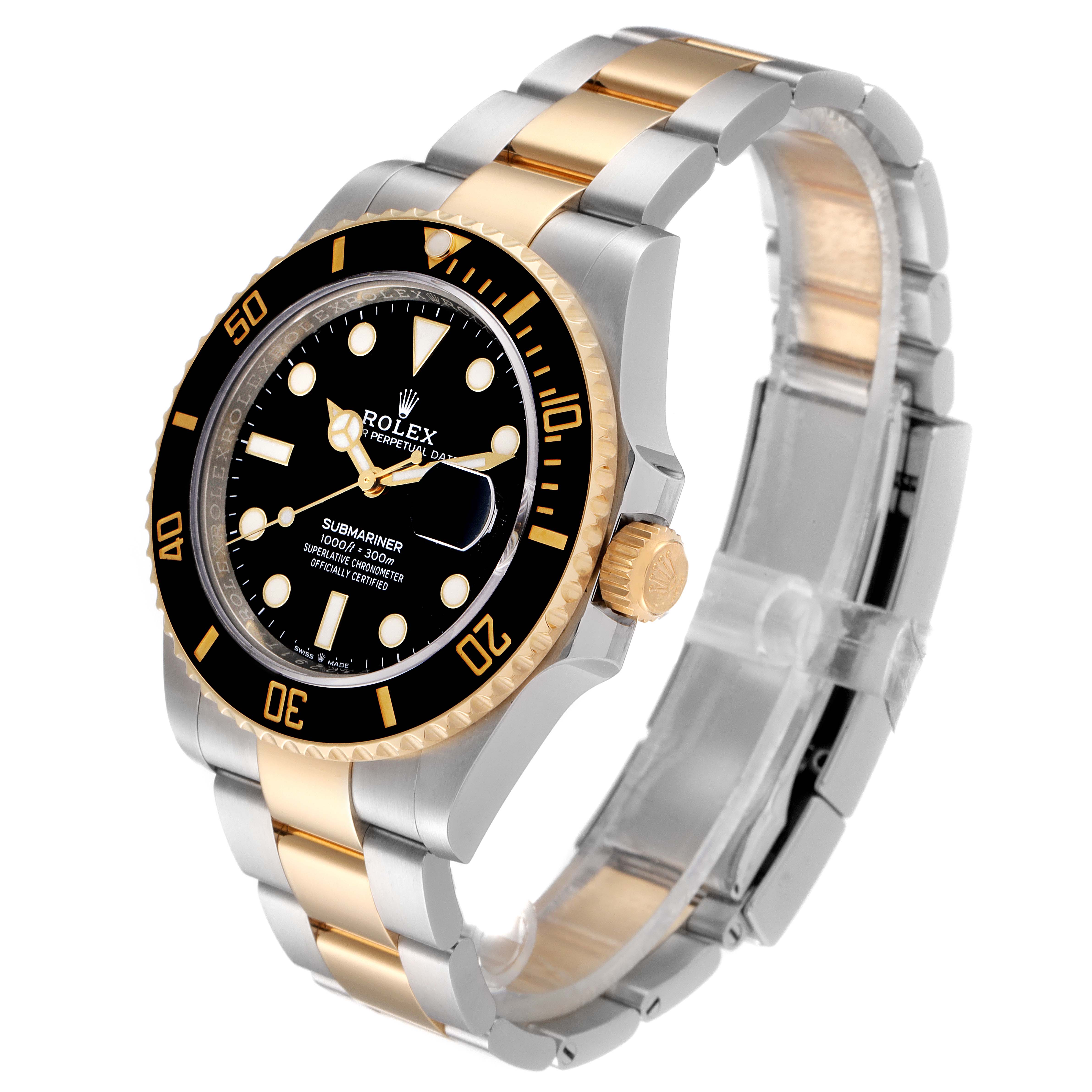 This image shows a side-angle view of the Rolex Submariner 126613 Men's Steel and Gold (two tone) Black Dial 126613 Men's Steel and Gold (two tone) Black Dial watch, highlighting its black dial, gold bezel, and bi-metal bracelet.