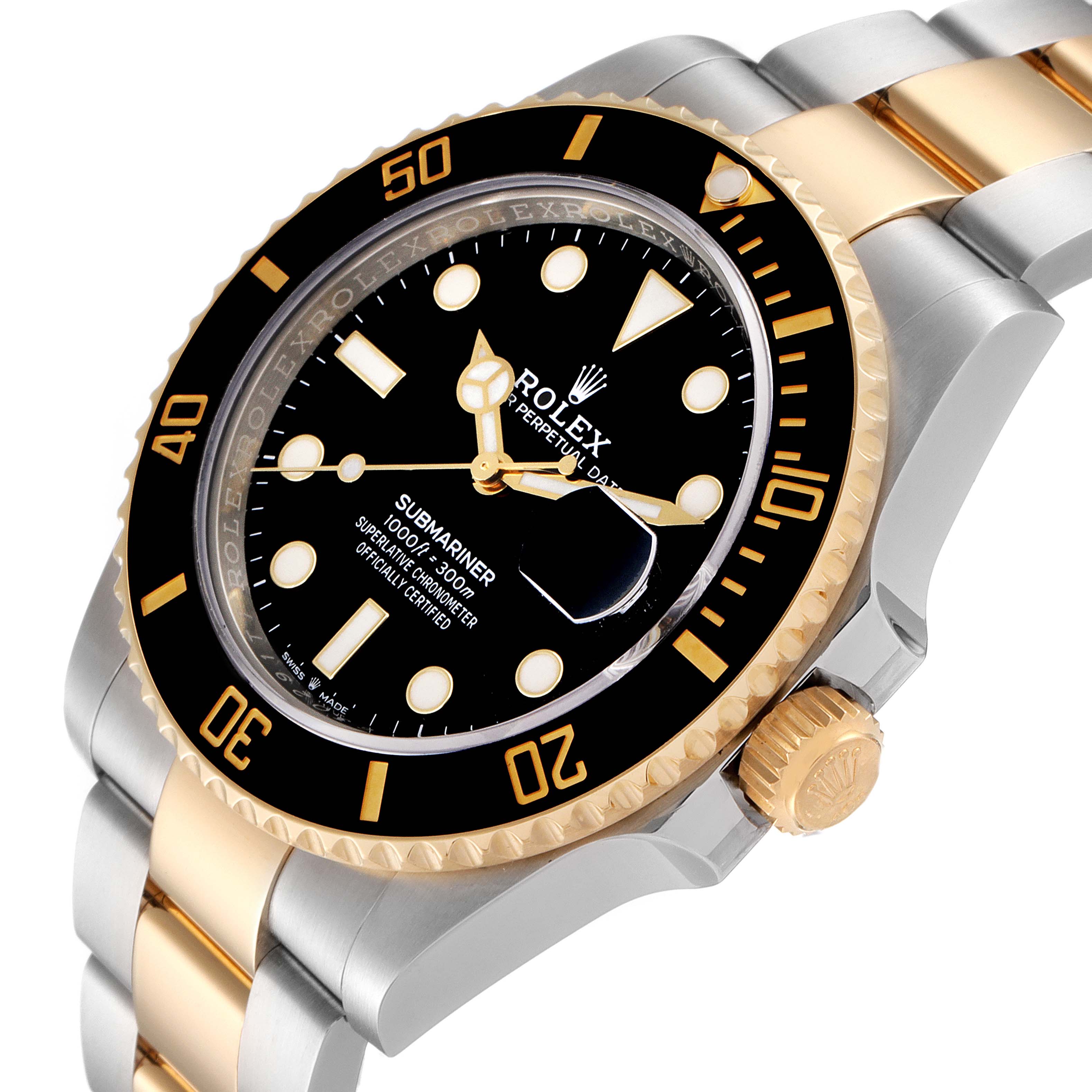 This image shows a Rolex Submariner 126613 Men's Steel and Gold (two tone) Black Dial 126613 Men's Steel and Gold (two tone) Black Dial watch at an angle highlighting the bezel, dial, crown, and part of the bracelet.