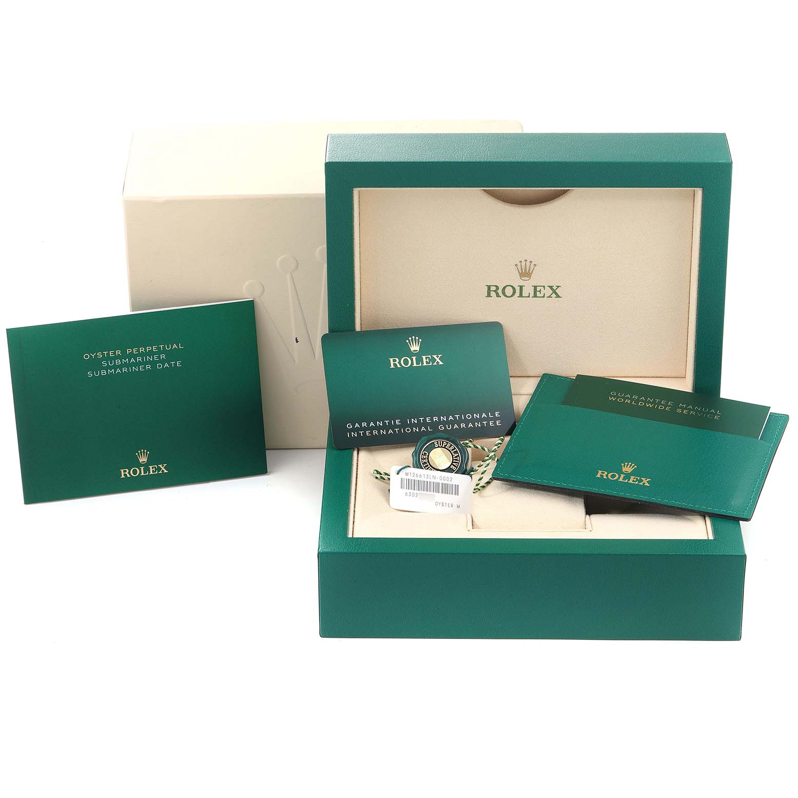 The image shows the packaging and accessories for a Rolex Submariner 126613 Men's Steel and Gold (two tone) Black Dial 126613 Men's Steel and Gold (two tone) Black Dial, including manuals, guarantee card, and the watch box.