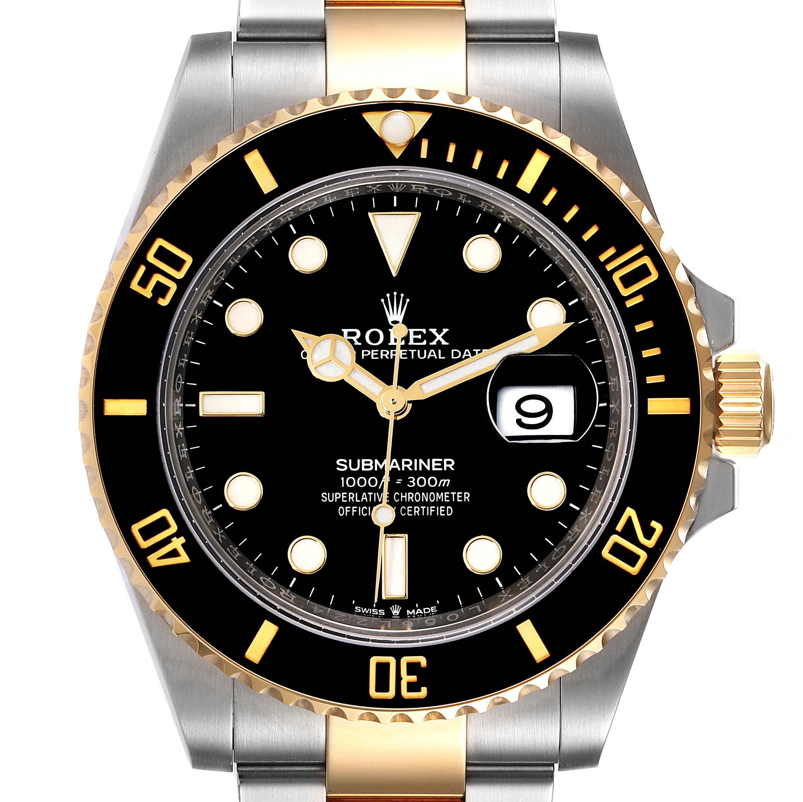 The image shows a close-up, front view of the Rolex Submariner 126613 Men's Steel and Gold (two tone) Black Dial 126613 Men's Steel and Gold (two tone) Black Dial watch, highlighting the dial, bezel, and part of the bracelet.