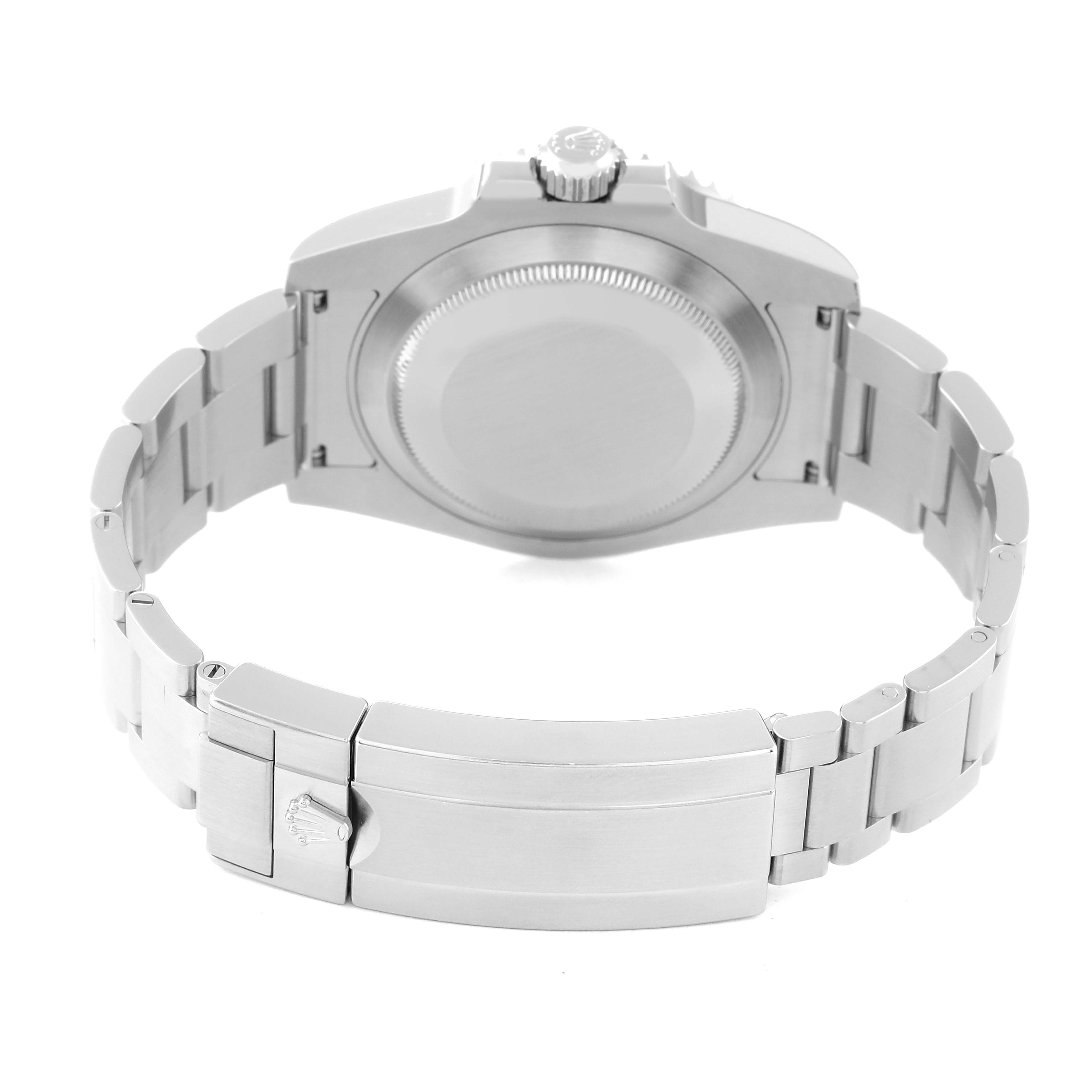 This image shows the back view of a Rolex Submariner 114060 Men
s Stainless Steel Black Dial 114060 Men
s Stainless Steel Black Dial watch, highlighting the case back and stainless steel bracelet with clasp.