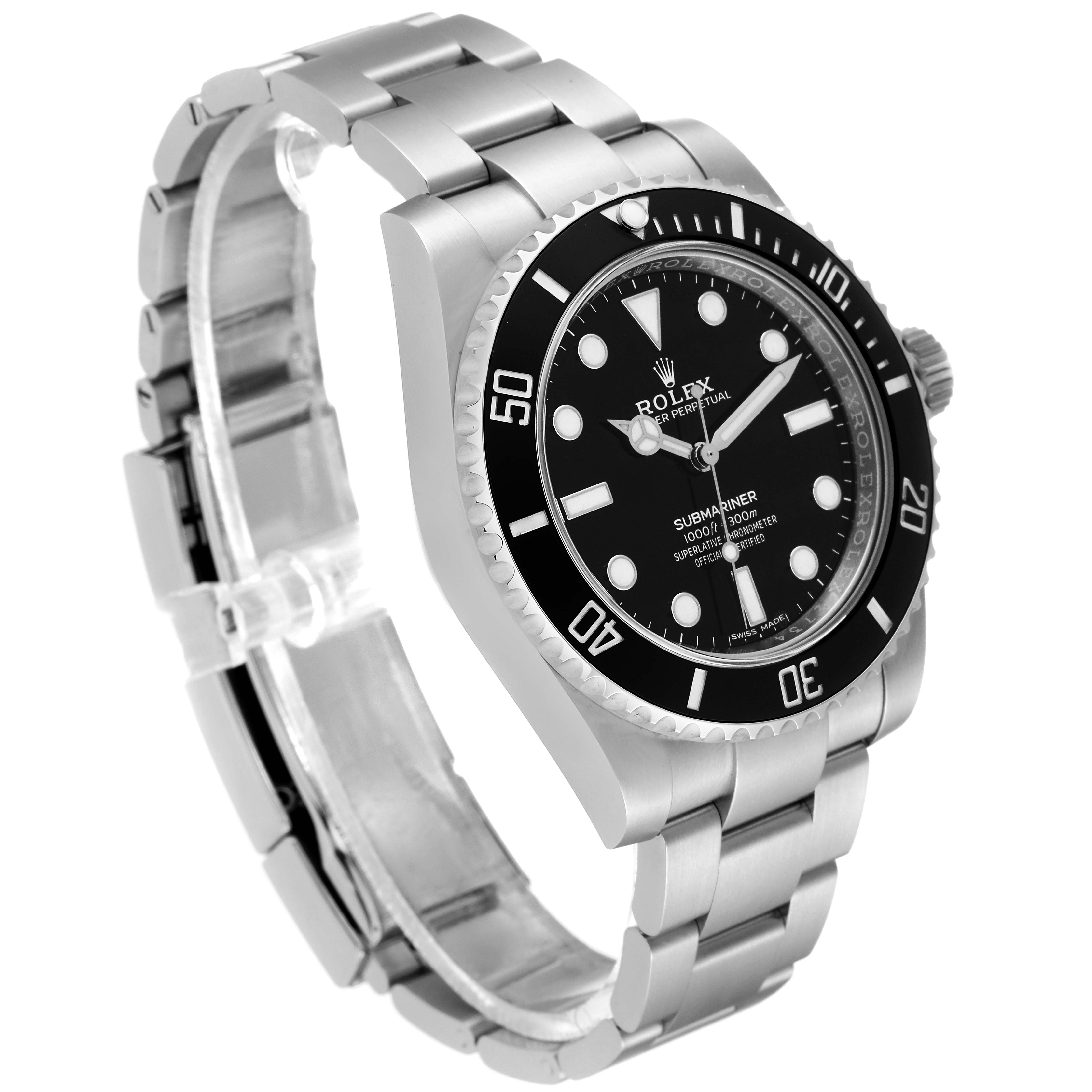 The image shows a side view of a Rolex Submariner 114060 Men
s Stainless Steel Black Dial 114060 Men
s Stainless Steel Black Dial, highlighting the bracelet, bezel, and dial with luminous markers.