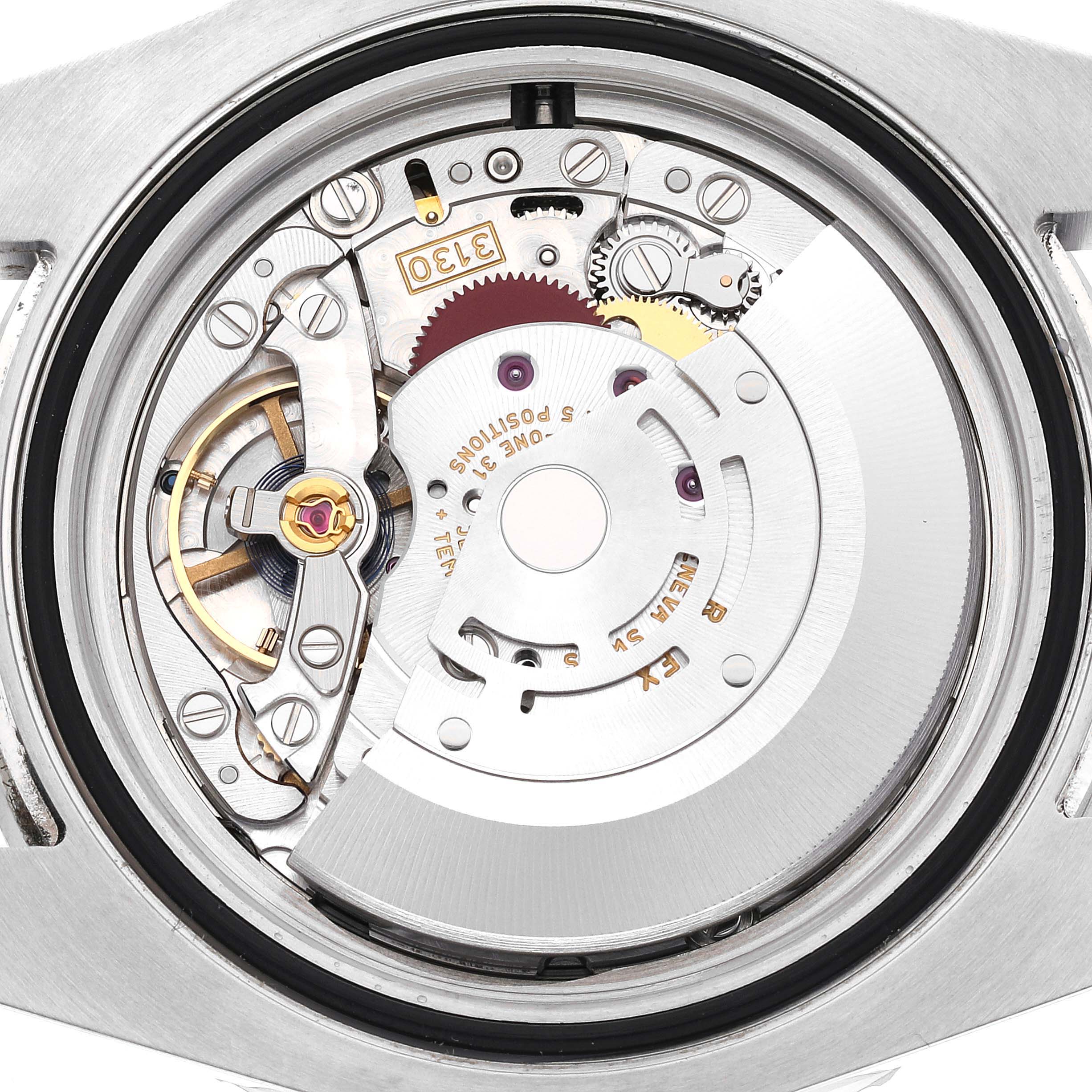 The image shows the internal mechanism of a Rolex Submariner 114060 Men
s Stainless Steel Black Dial 114060 Men
s Stainless Steel Black Dial watch from a direct top-down angle.
